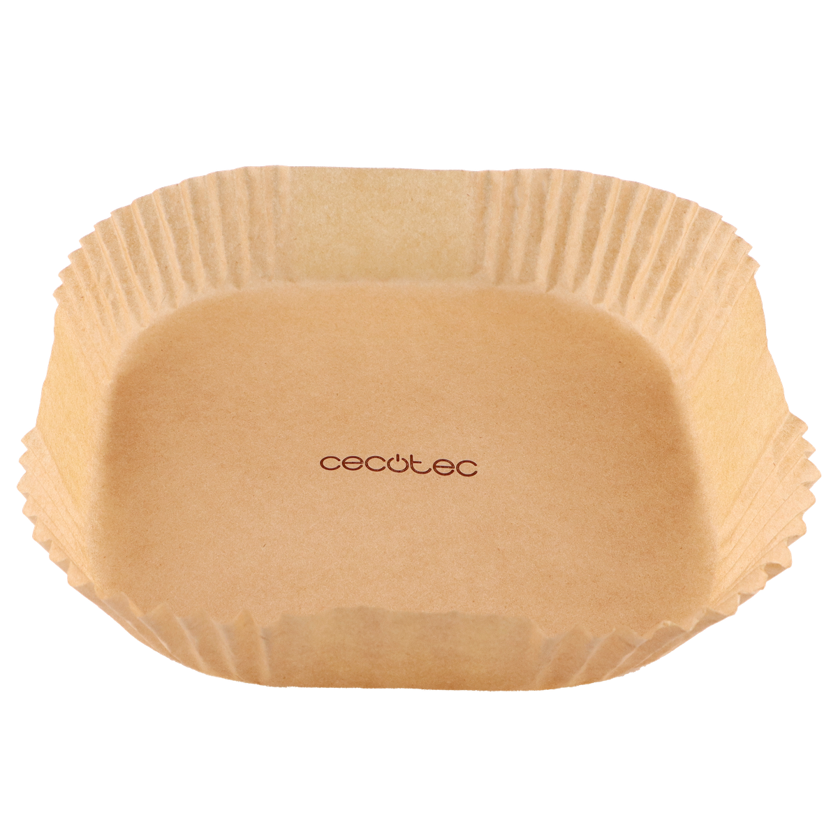 Vaso de papel marrón vacío para hornear. La marca 'cecotec' está impresa en el vaso.