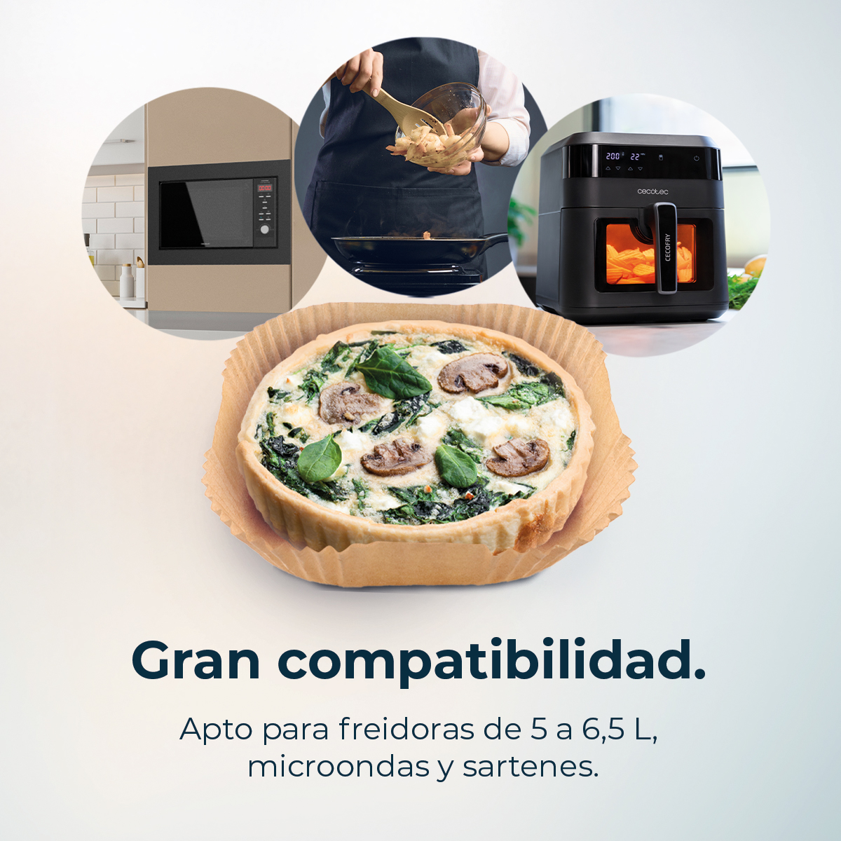Collage de preparación de alimentos: microondas, freidora de aire y quiche. Texto: 'Gran compatibilidad'.