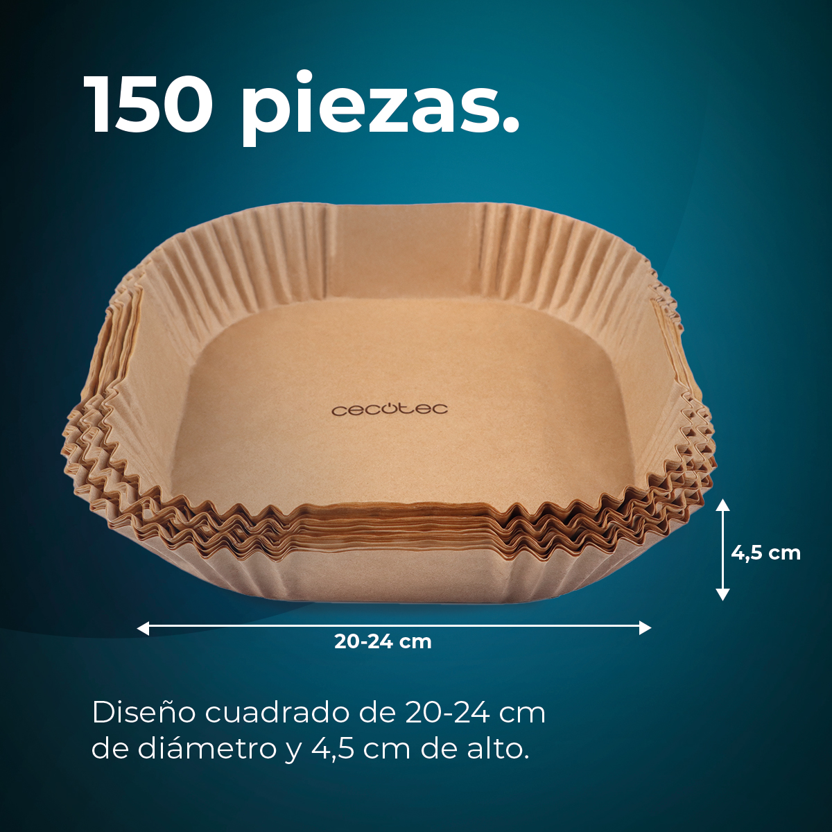 Moldes para hornear cuadrados marrones con dimensiones y texto sobre fondo azul oscuro.