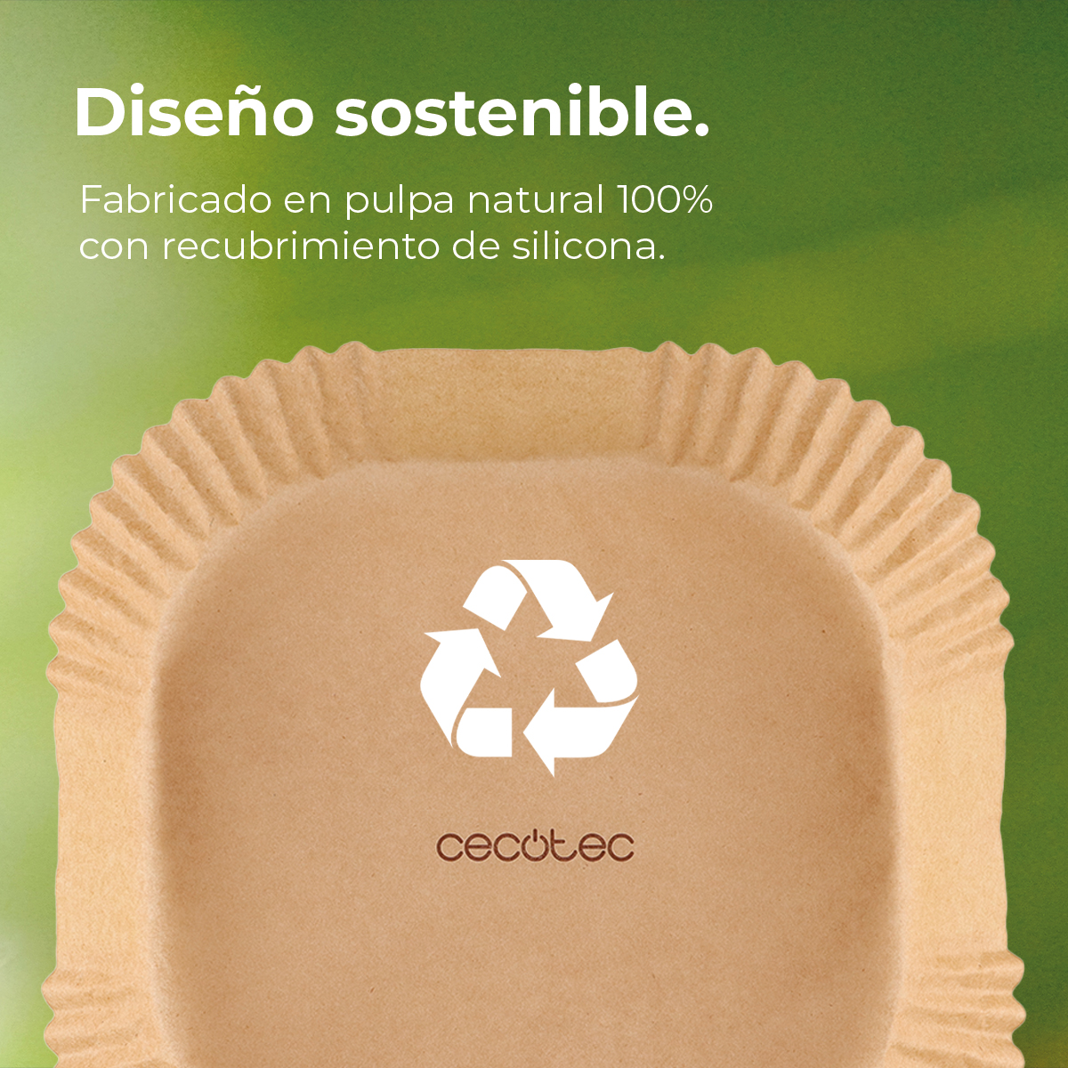 Contenedor de papel marrón con símbolo de reciclaje y texto en español: 'Diseño sostenible'.