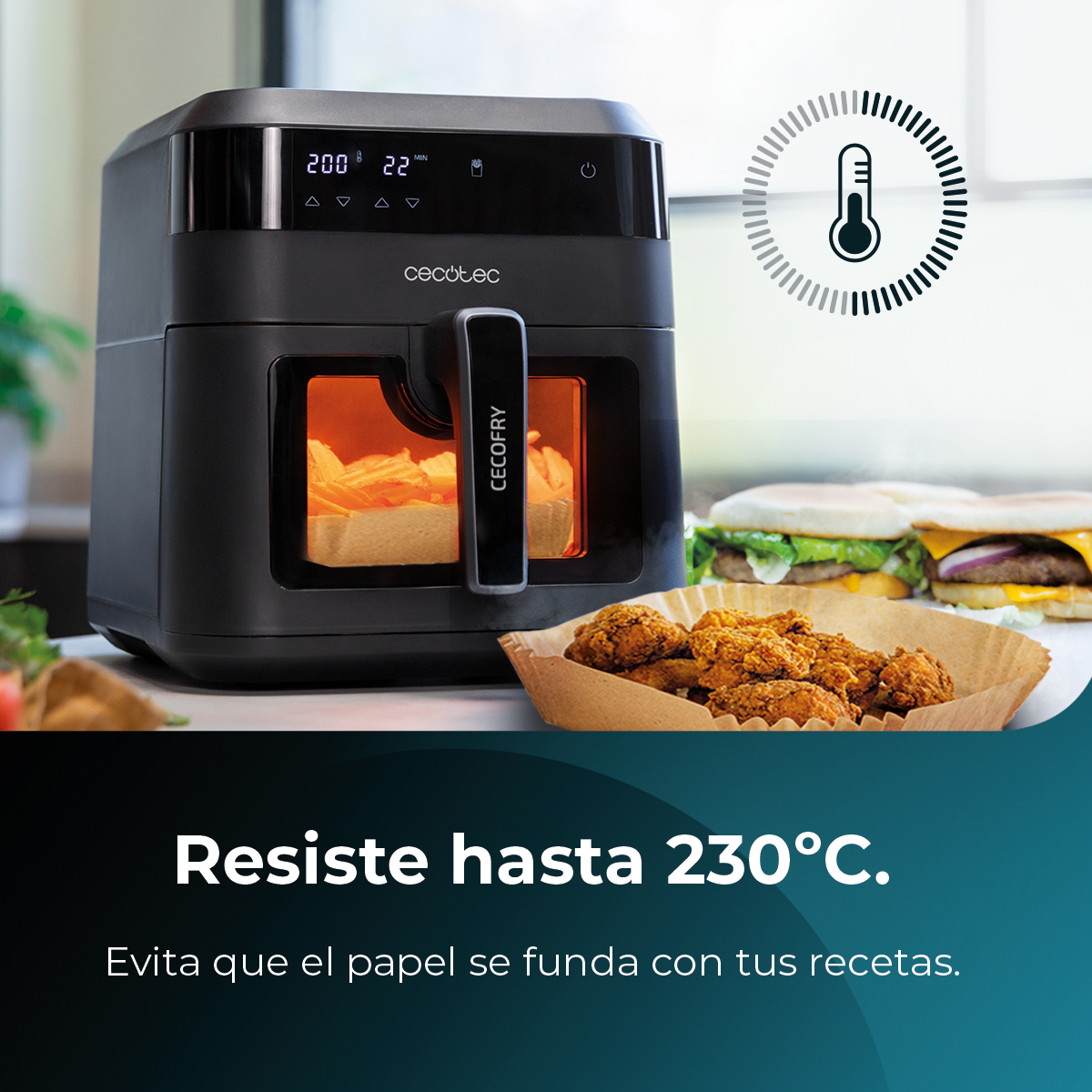 Freidora de aire negra con comida dentro. Comida frita en cesta, con texto debajo.
