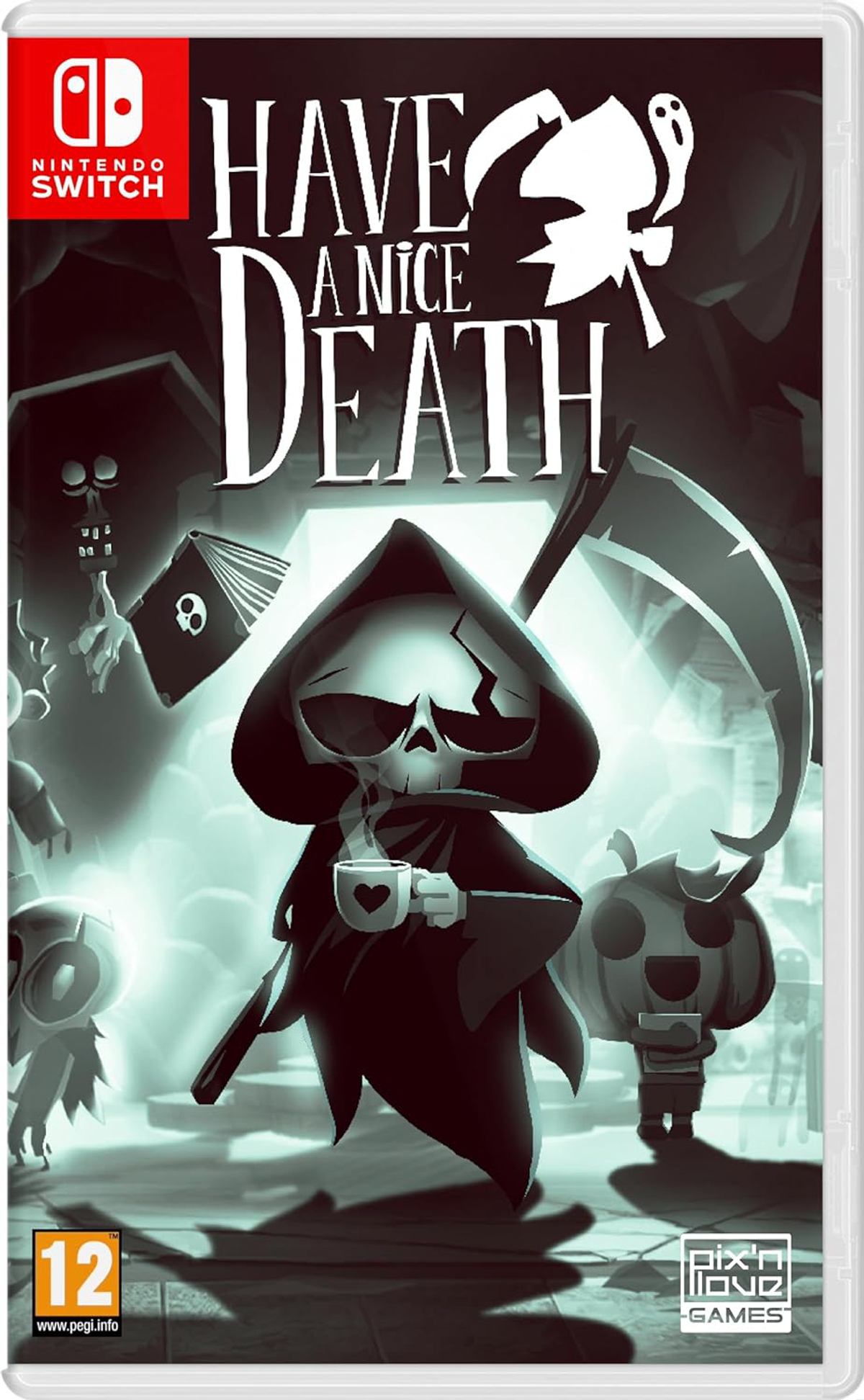 Una caja de juego de Nintendo Switch con el título 'Have a Nice Death'. La portada presenta a la Parca.