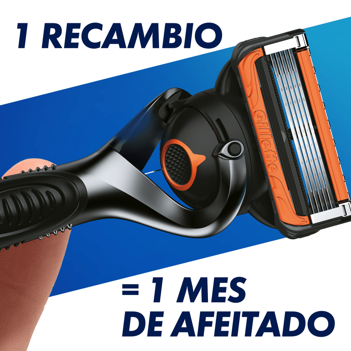 Maquinilla Gillette con mango negro y cartucho de cuchillas naranja. Fondo azul con texto en español.