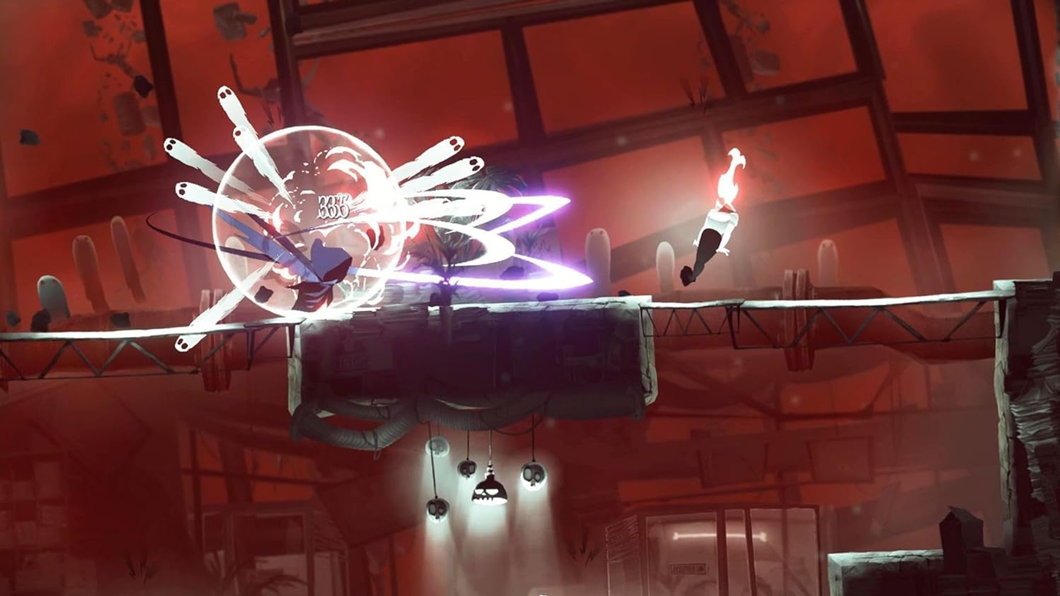 Escena de videojuego, personaje luchando con efectos en entorno rojo.