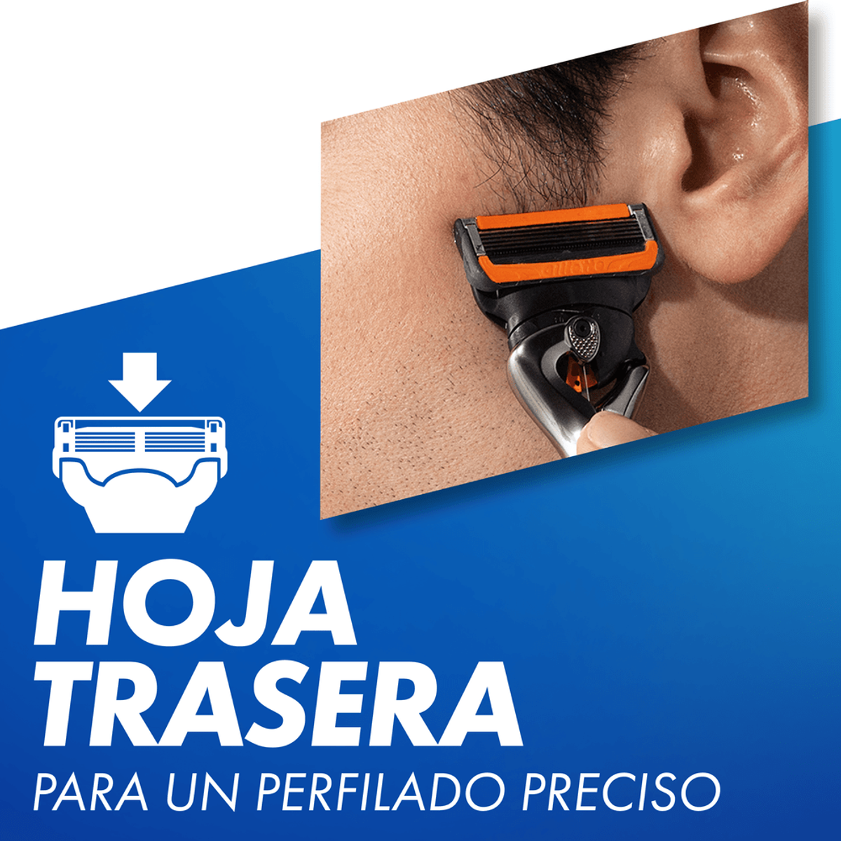 Un hombre se afeita la mejilla con una maquinilla, el texto dice: 'HOJA TRASERA PARA UN PERFILADO PRECISO'.