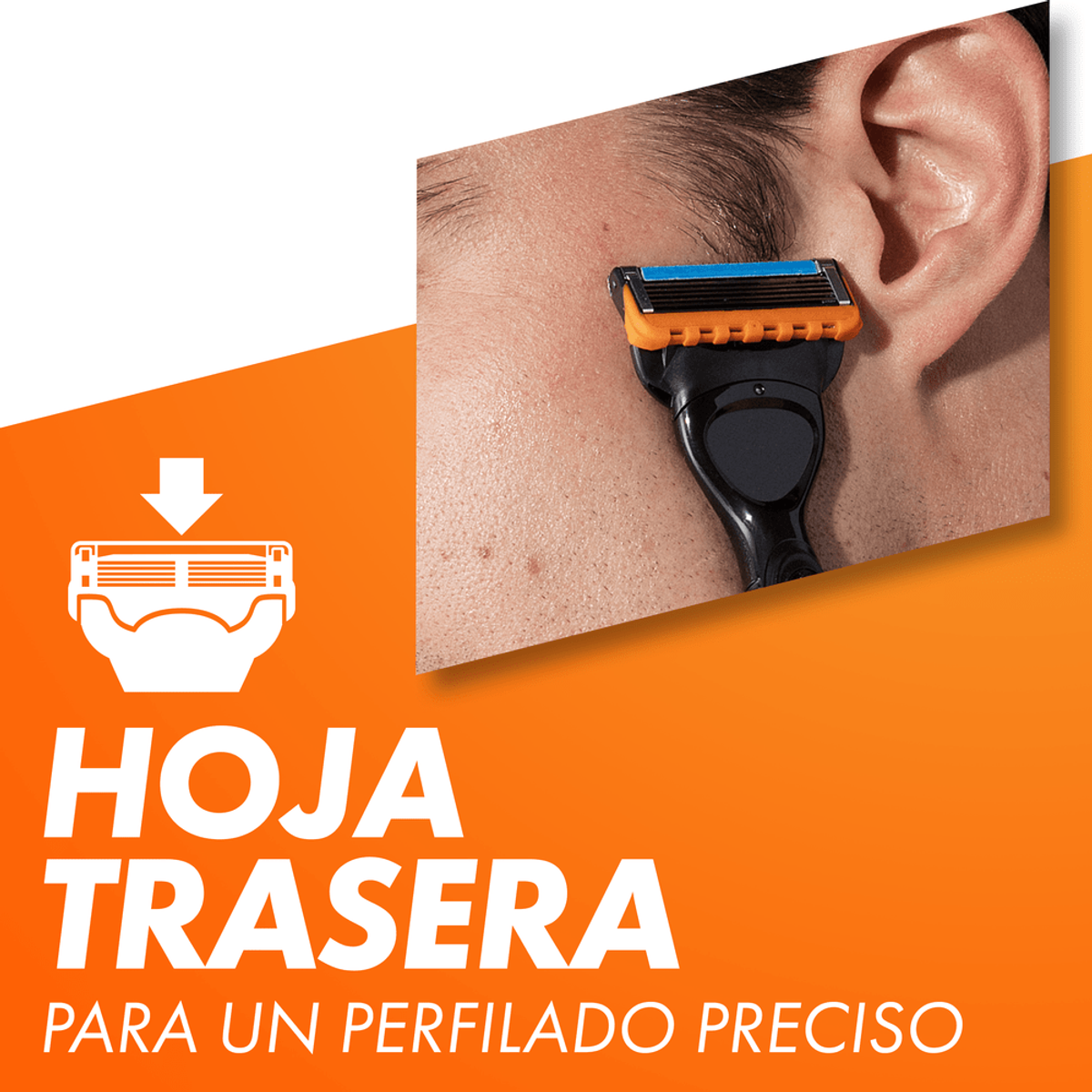 Anuncio de una afeitadora que muestra un afeitado al ras con texto en español sobre precisión.
