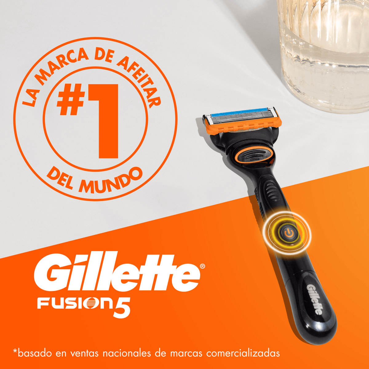 Afeitadora Gillette Fusion5 con detalles en naranja y azul, y logotipo Gillette.