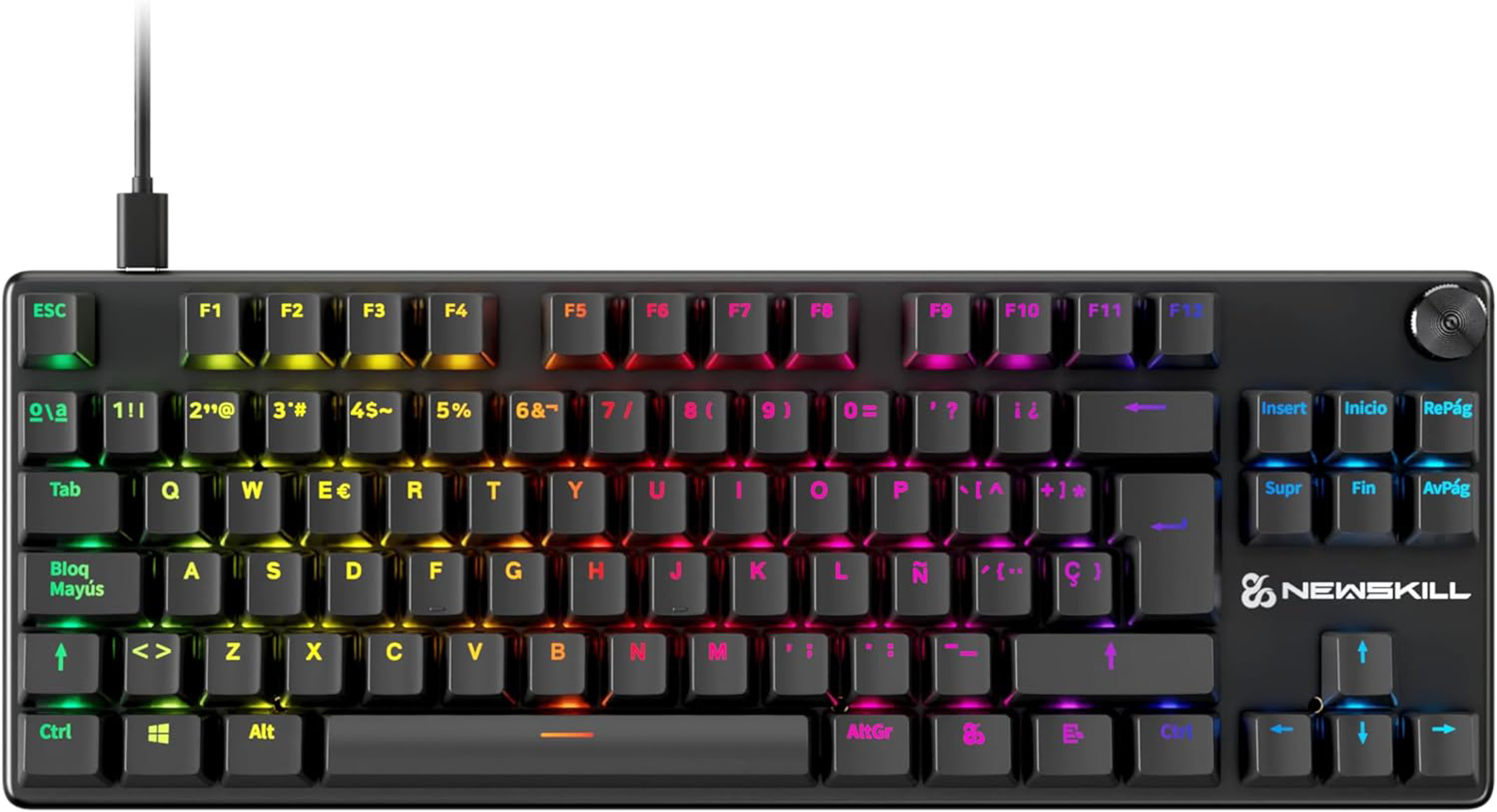 Czarna klawiatura z podświetlanymi klawiszami. Klawisze są oznaczone różnymi znakami i symbolami.