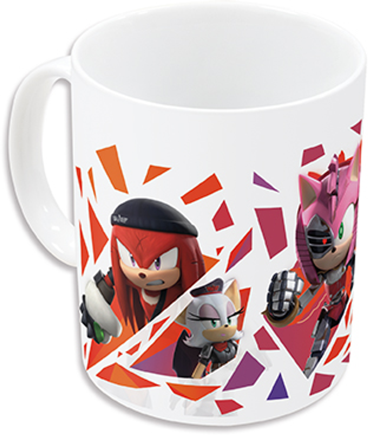 Taza blanca con personajes de Sonic, incluyendo Knuckles, Rouge y Amy Rose.