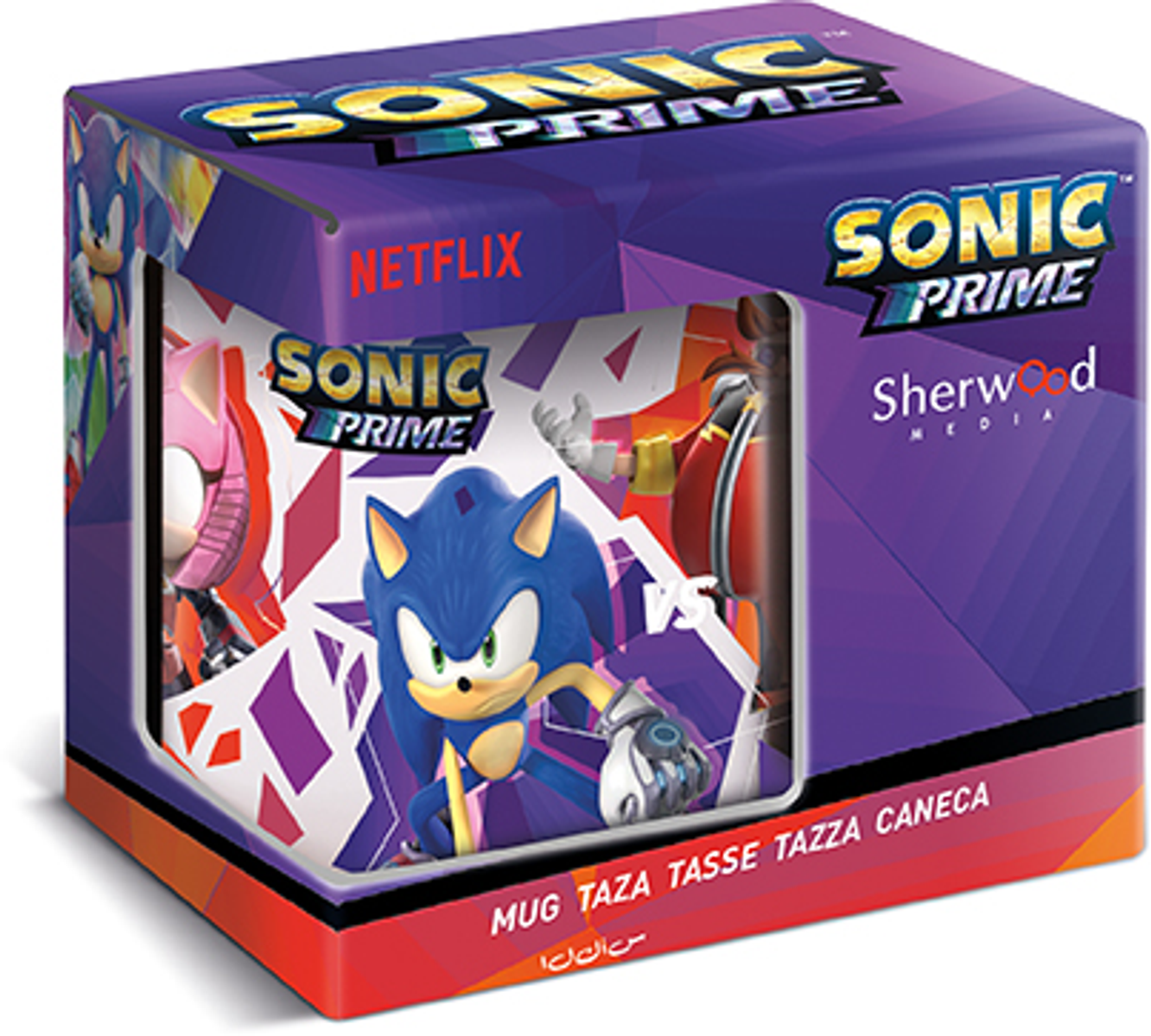 Una taza de Sonic Prime se muestra dentro de una caja. La taza muestra a Sonic y personajes.
