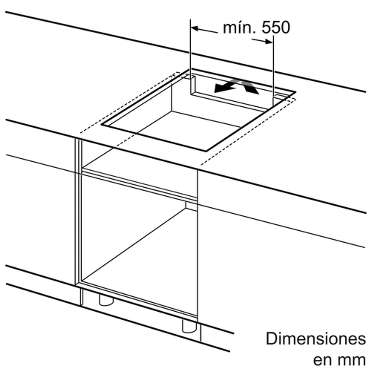 Wycięcie na blacie. Wymiary wyświetlane są za pomocą strzałek. Elementy wystroju kuchni.