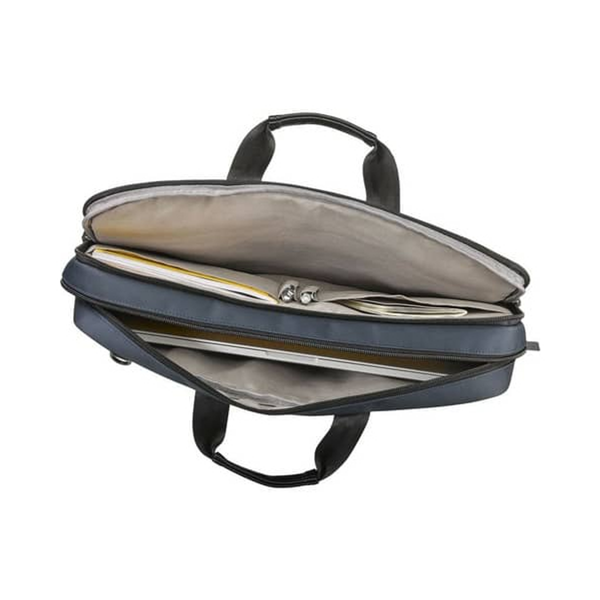 Bolso para portátil abierto. Dentro, un portátil, papeles y un bolígrafo son visibles. Bolso azul.