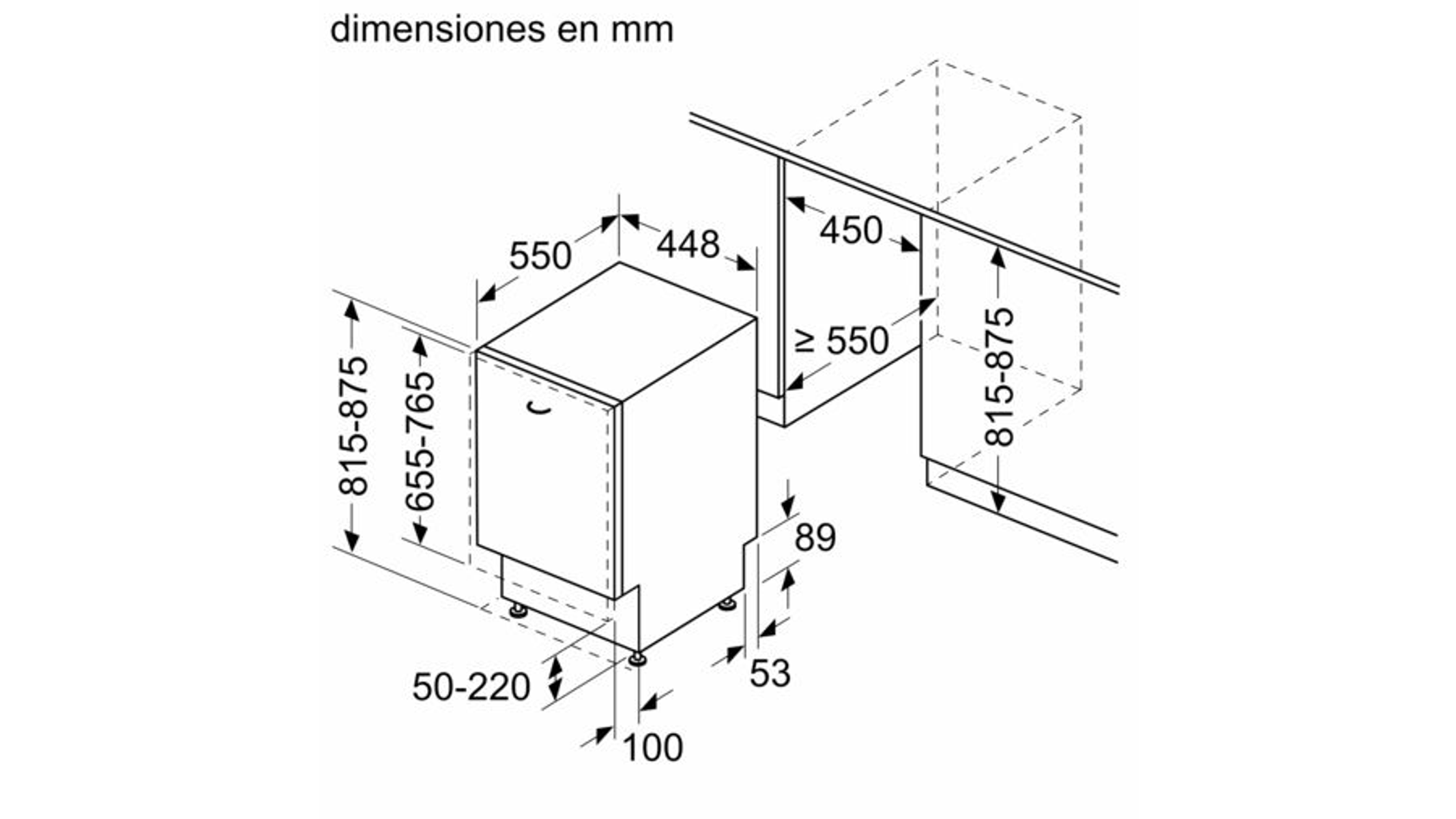 Vista isométrica de un lavavajillas, mostrando dimensiones y detalles de instalación.