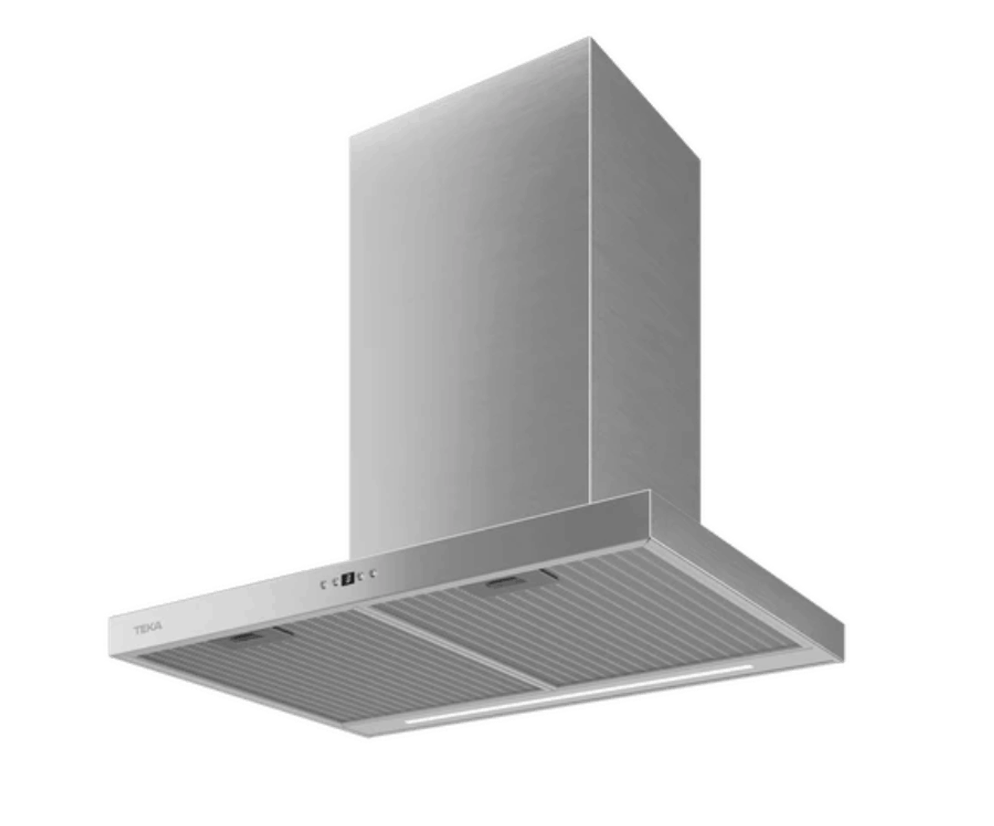 Campana extractora de cocina plateada. Diseño rectangular, con luces y panel de control.