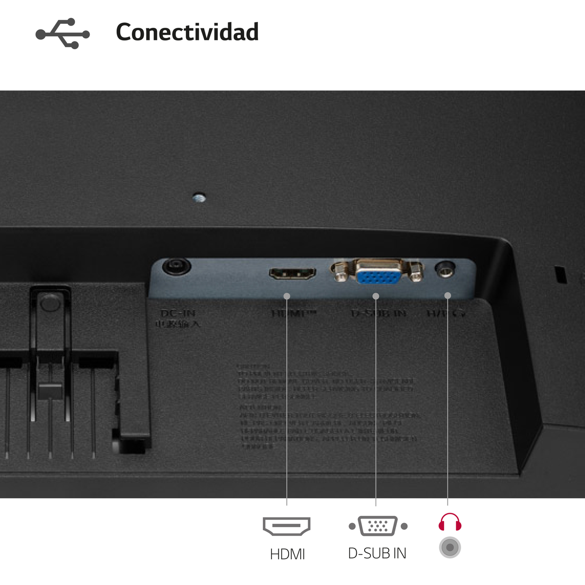 Tył czarnego monitora z portami HDMI, D-SUB IN i H/G.