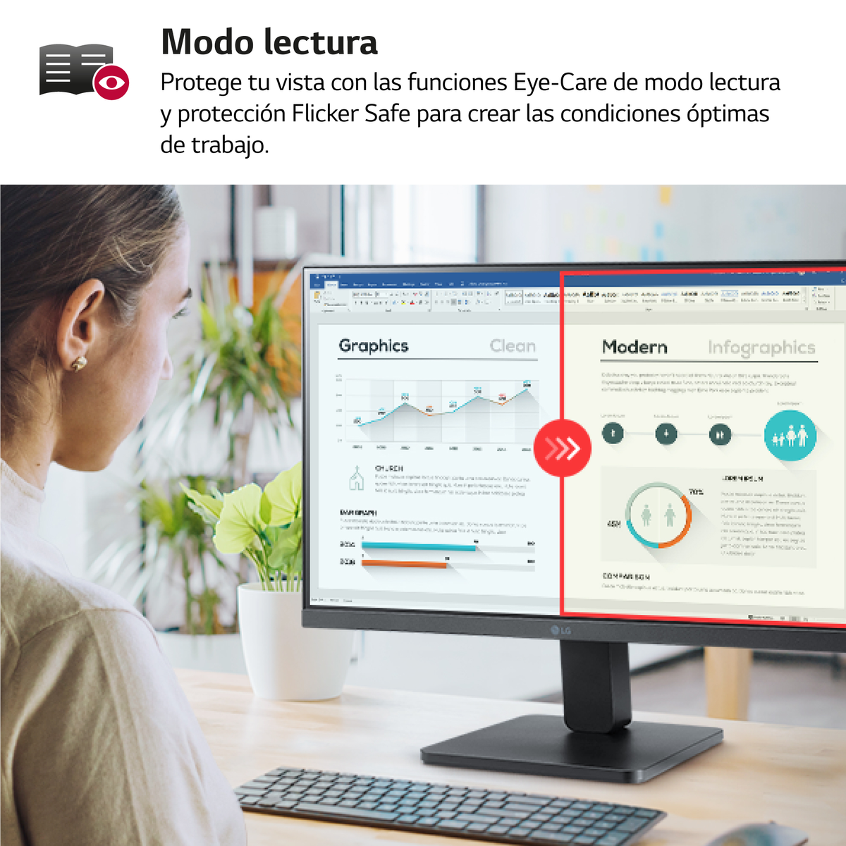 Kobieta patrząca na ekran komputera, pokazująca porównanie trybów 'Grafika' i 'Nowoczesny'.