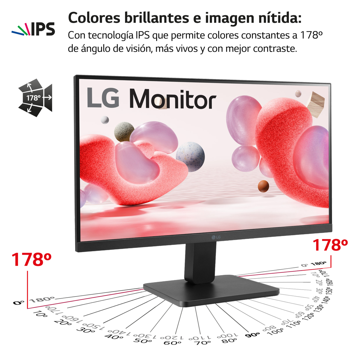 Monitor LG z tekstem o technologii IPS, informacjami o kącie na ekranie.