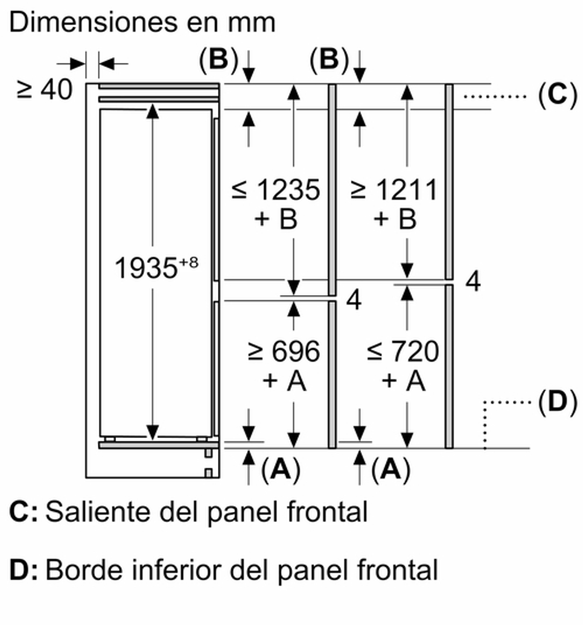 Diagrama de dimensiones para un electrodoméstico empotrado, con medidas en milímetros.