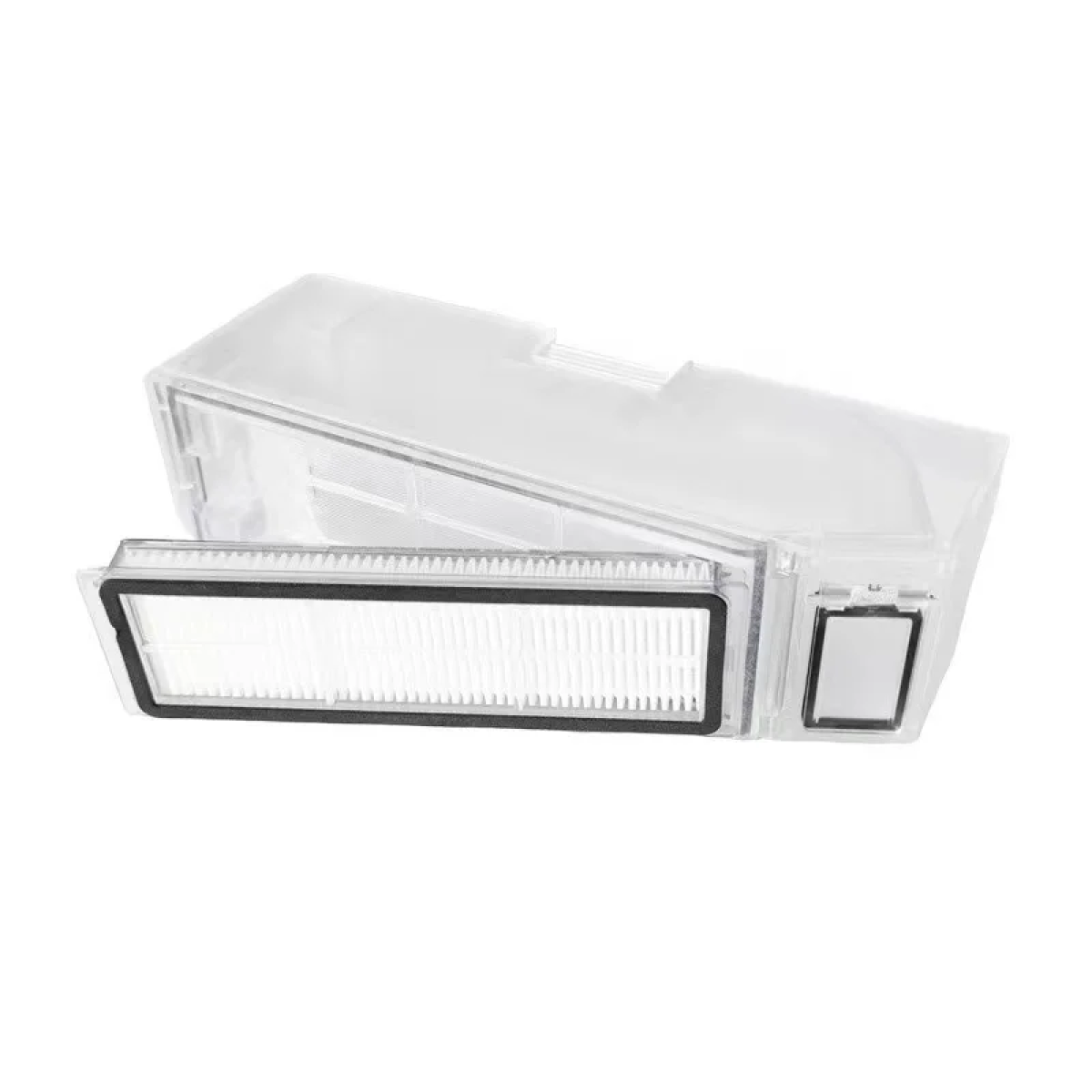 Przezroczysty, prostokątny pojemnik z filtrem wewnątrz i małym otworem. Białe tło.