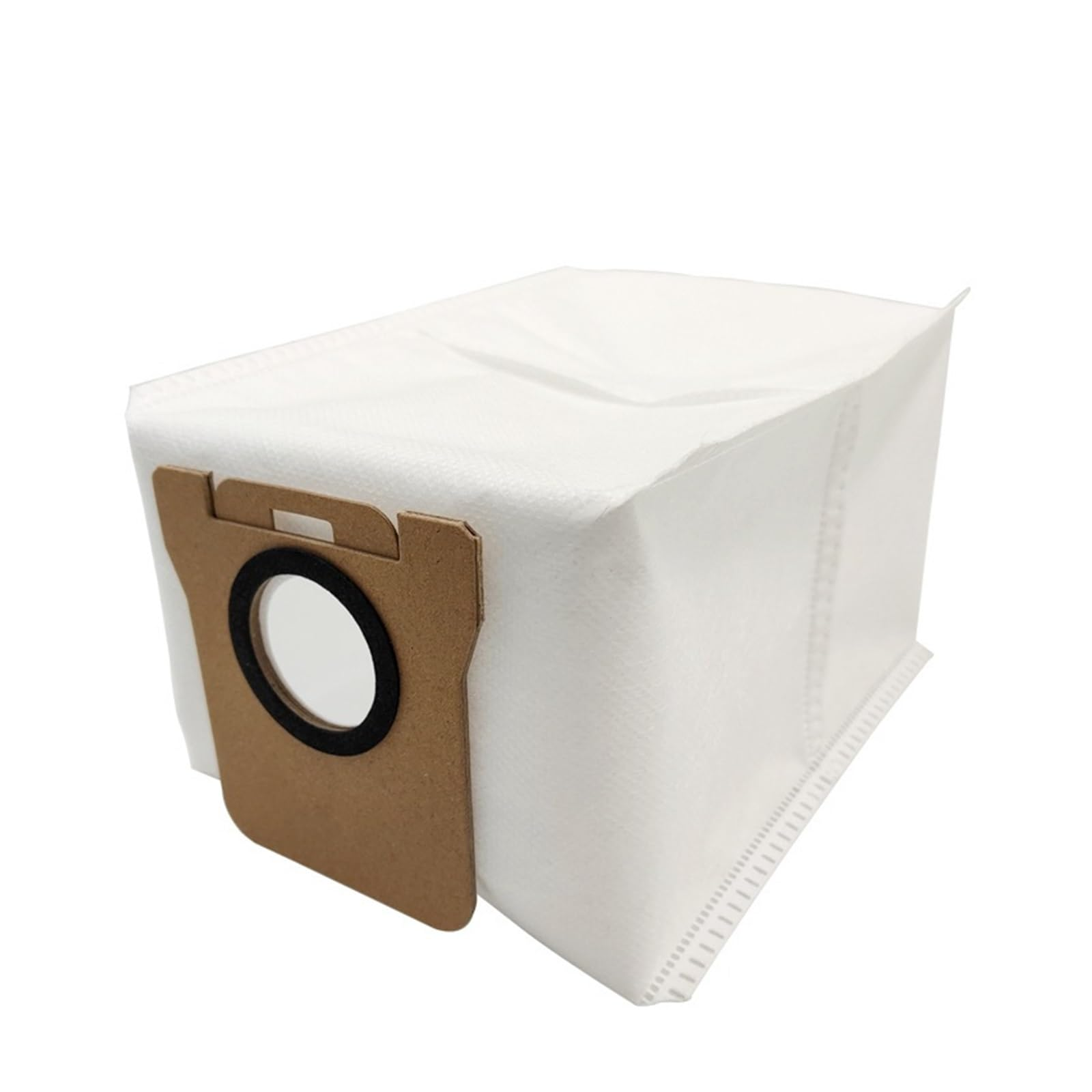 Biały worek do odkurzacza z brązowym kartonowym otworem. Na białym tle.