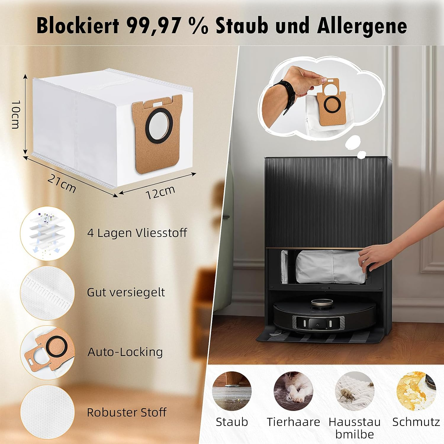 Biały worek do odkurzacza z warstwami filtracyjnymi i wymiarami, z odkurzaczem.