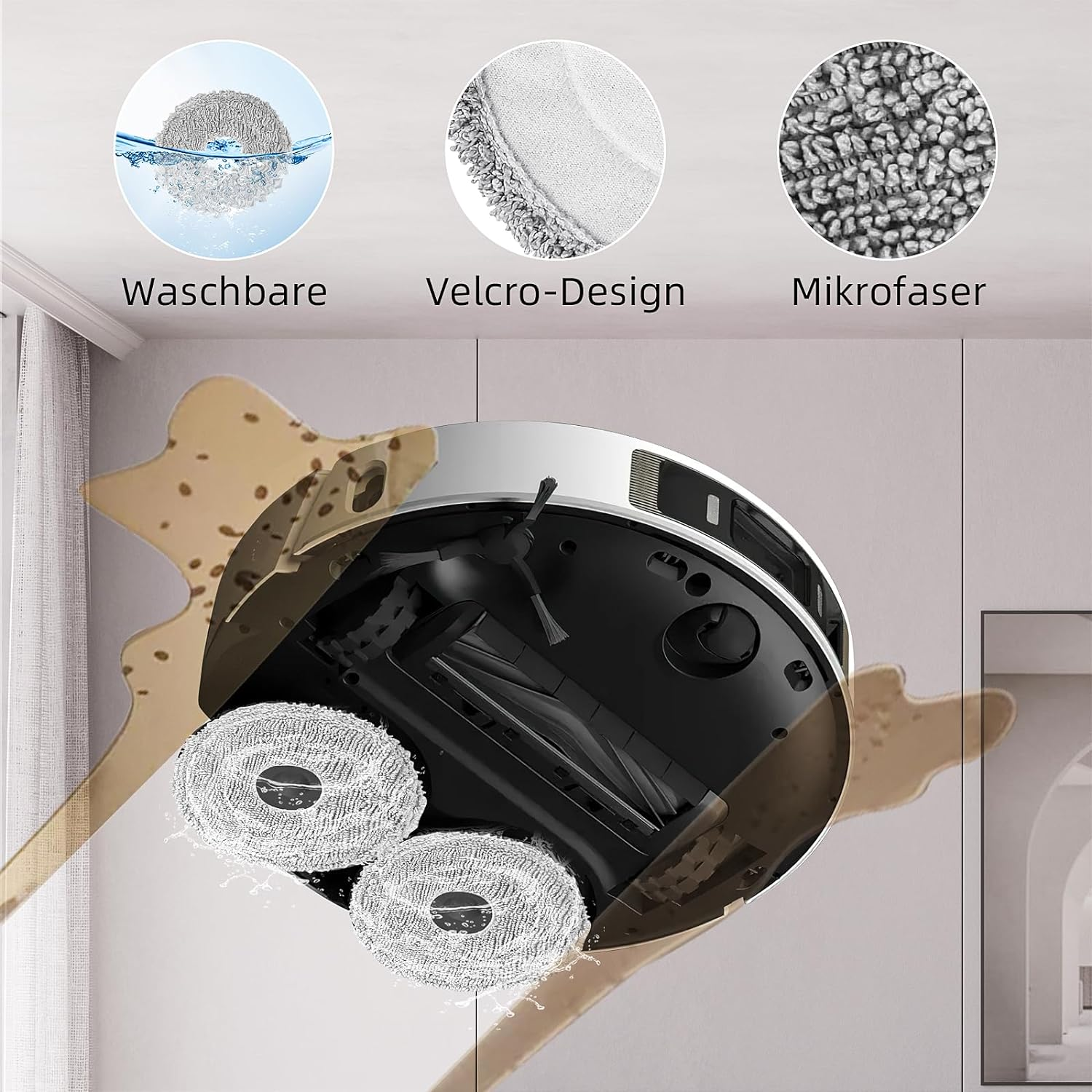 Robot odkurzający z trzema ikonami powyżej wskazującymi na możliwość prania, konstrukcję na rzepy i mikrofibrę.