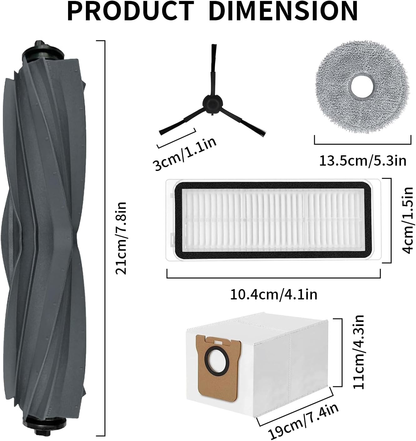Schemat wymiarów produktu z różnymi częściami i rozmiarami w centymetrach i calach.