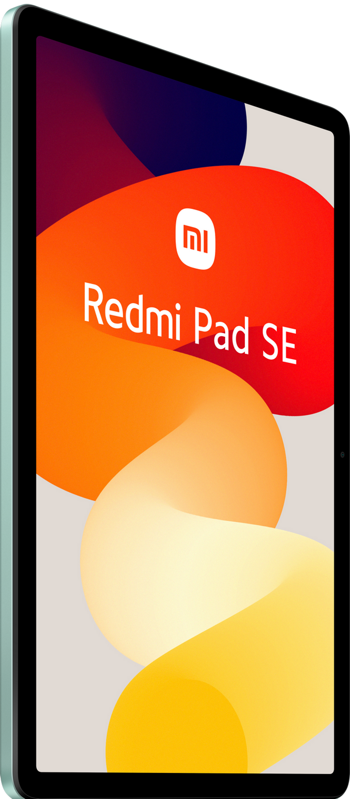 Una tableta verde menta con un fondo colorido. La pantalla muestra las palabras "Redmi Pad SE".