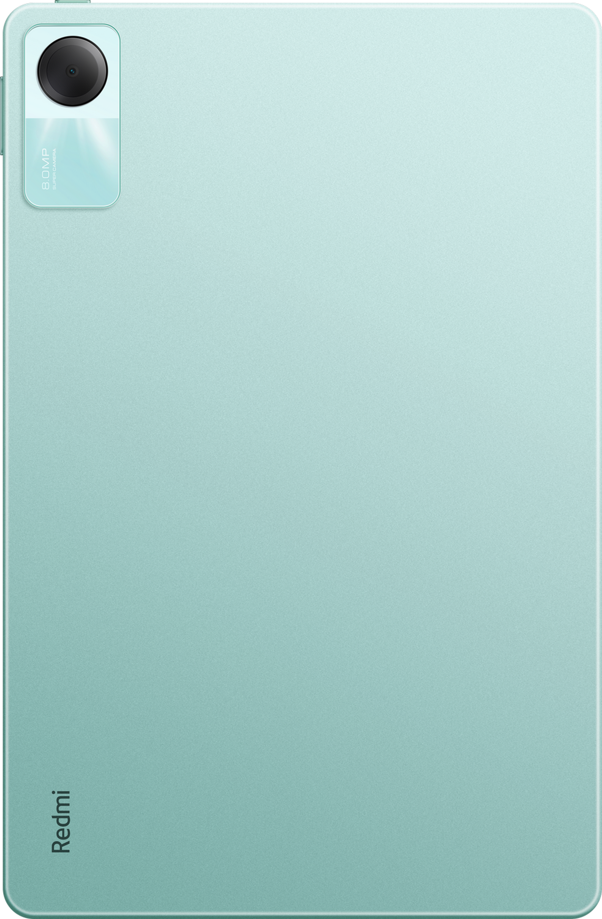 Tableta verde menta con cámara. Fondo blanco. Logotipo Redmi abajo.