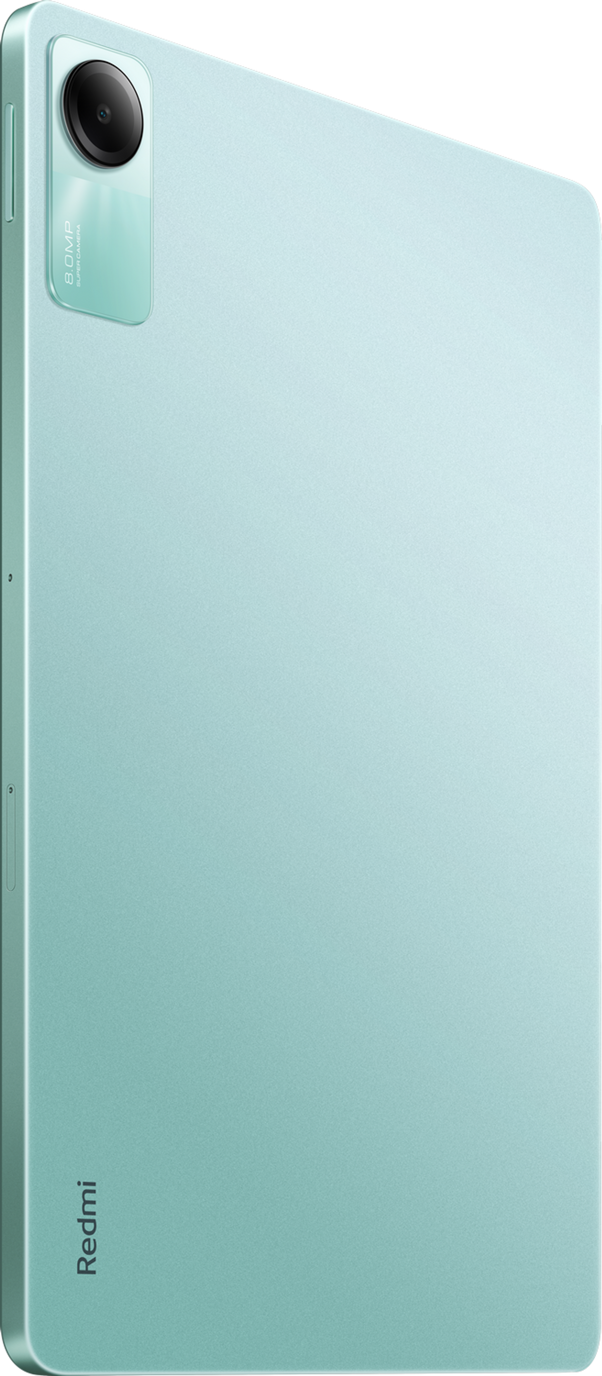 Una tableta verde claro que muestra la parte trasera con una cámara.