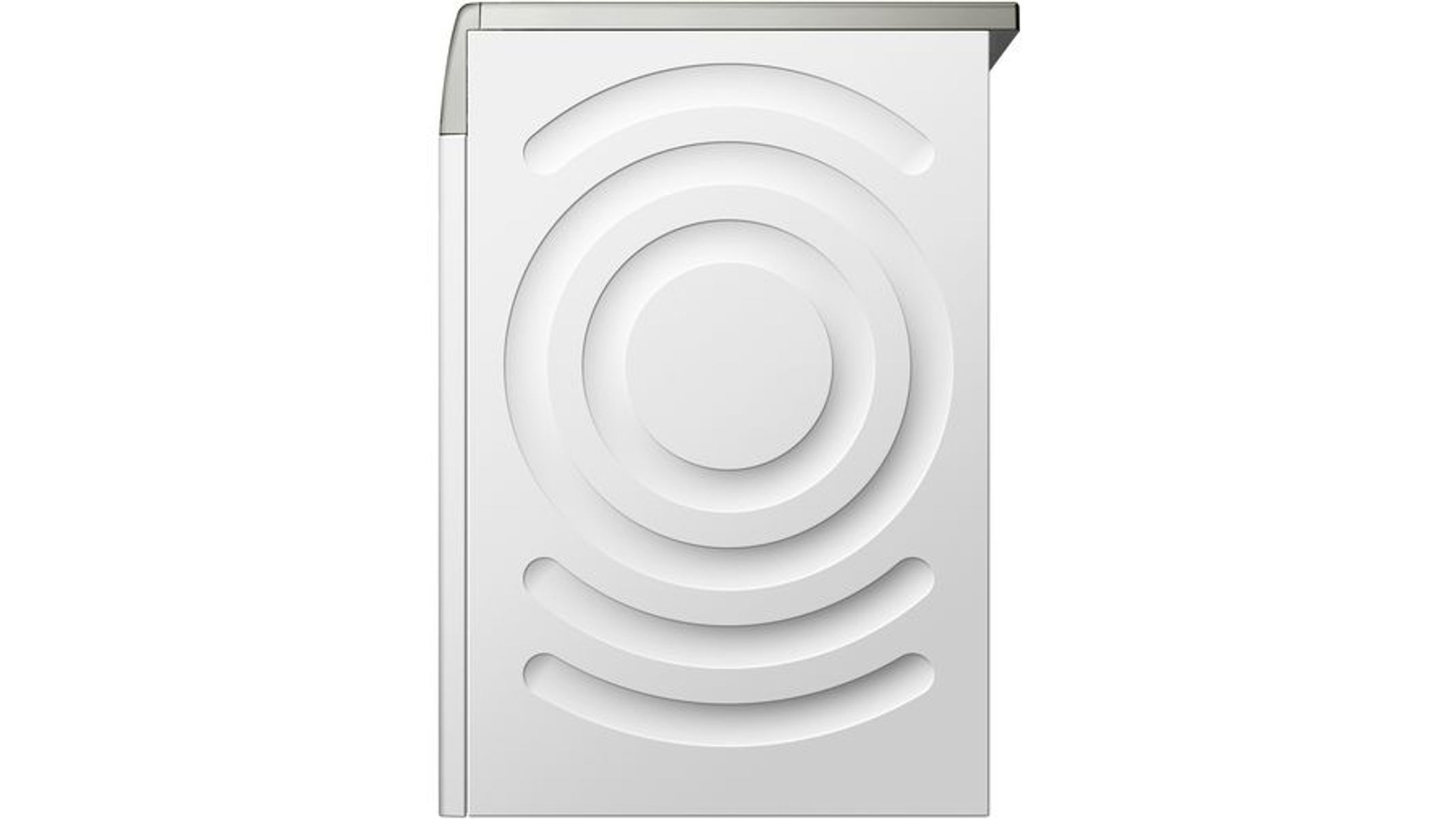 Lavadora blanca, vista frontal. Tiene un diseño circular en la puerta.