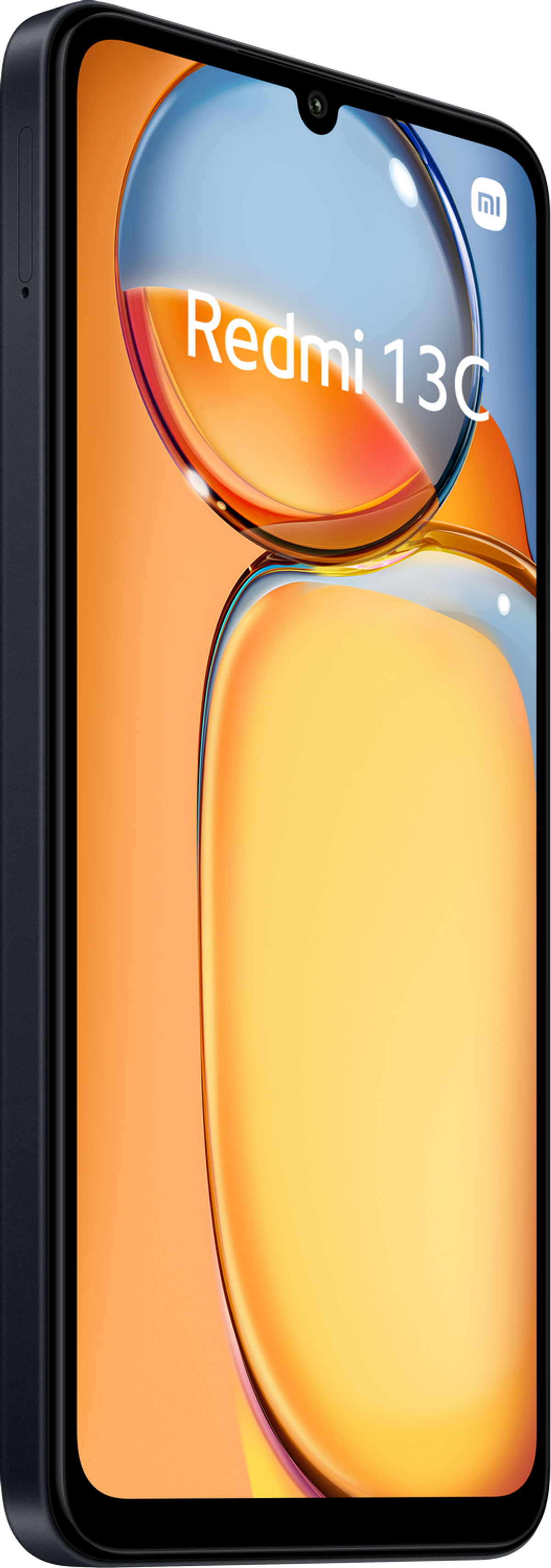 Smartfon Redmi 13C w kolorze czarnym, widok pod kątem na gradientowym tle.