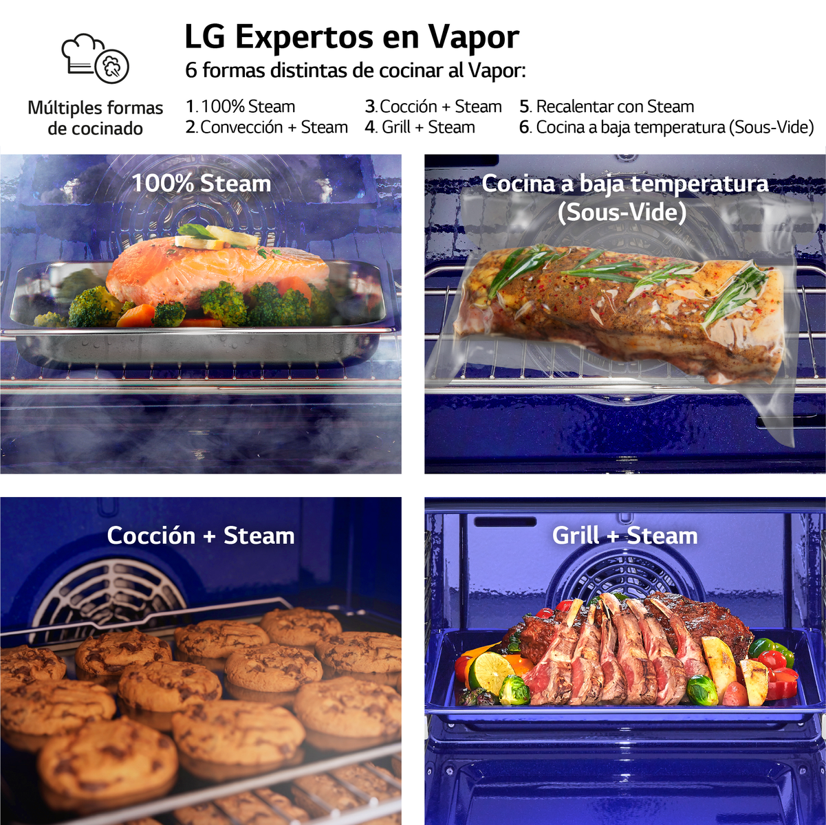 LG Expertos en Vapor. Seis métodos de cocción. Cuatro imágenes que muestran platos cocinados en horno.