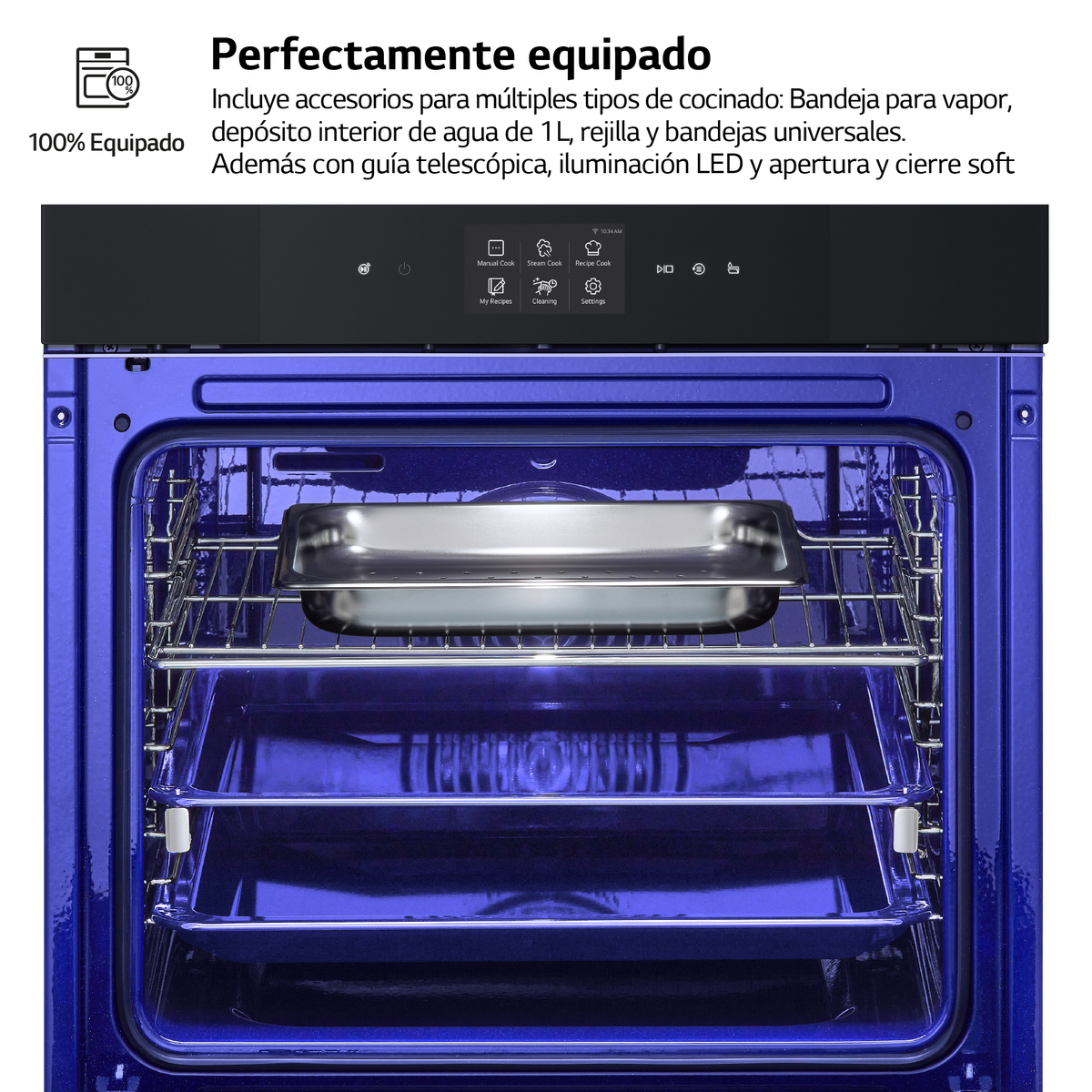 Interior azul de un horno con bandeja, rejillas y pantalla digital.