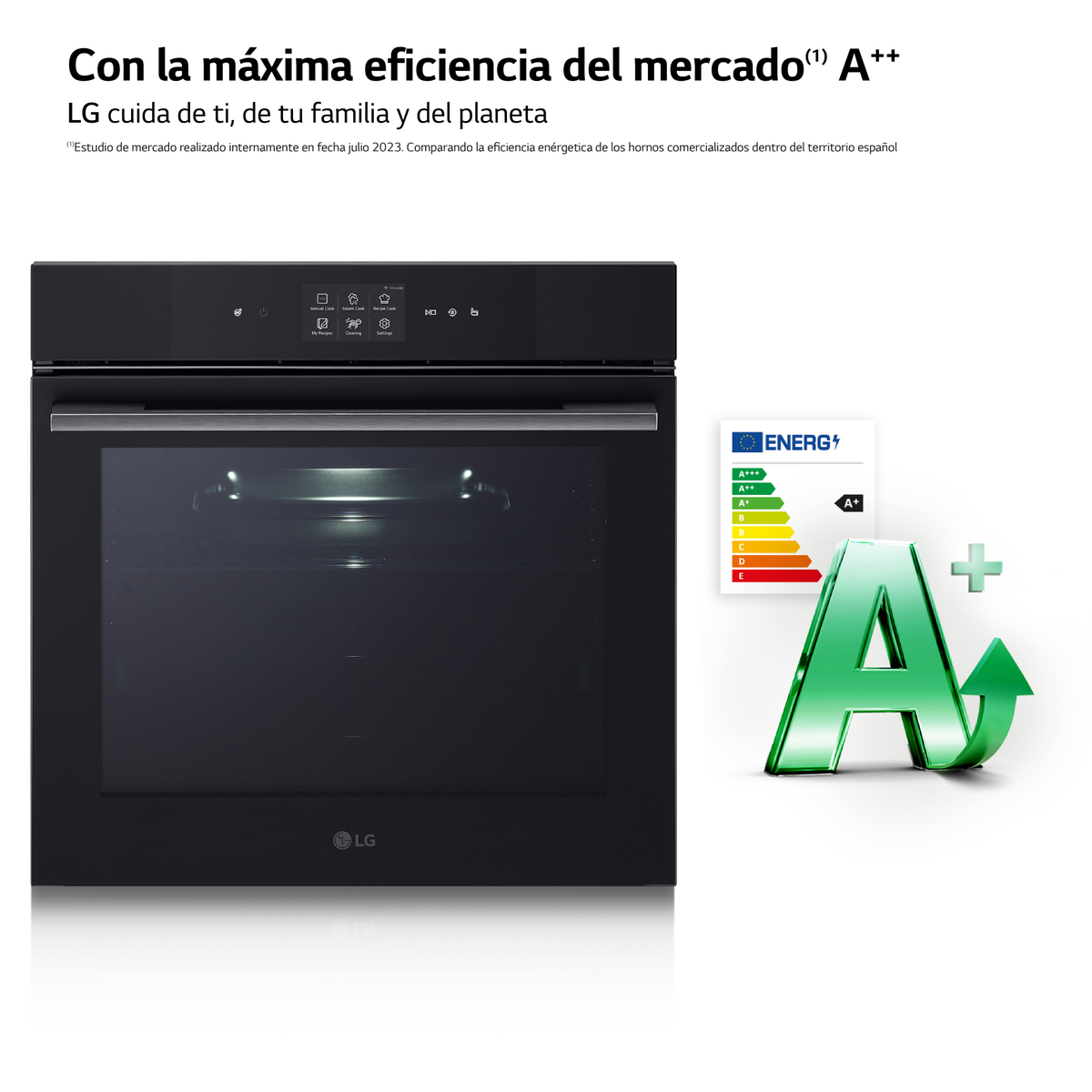 Un horno negro con puerta de vidrio. Etiqueta de eficiencia energética A++ visible. Texto en español.