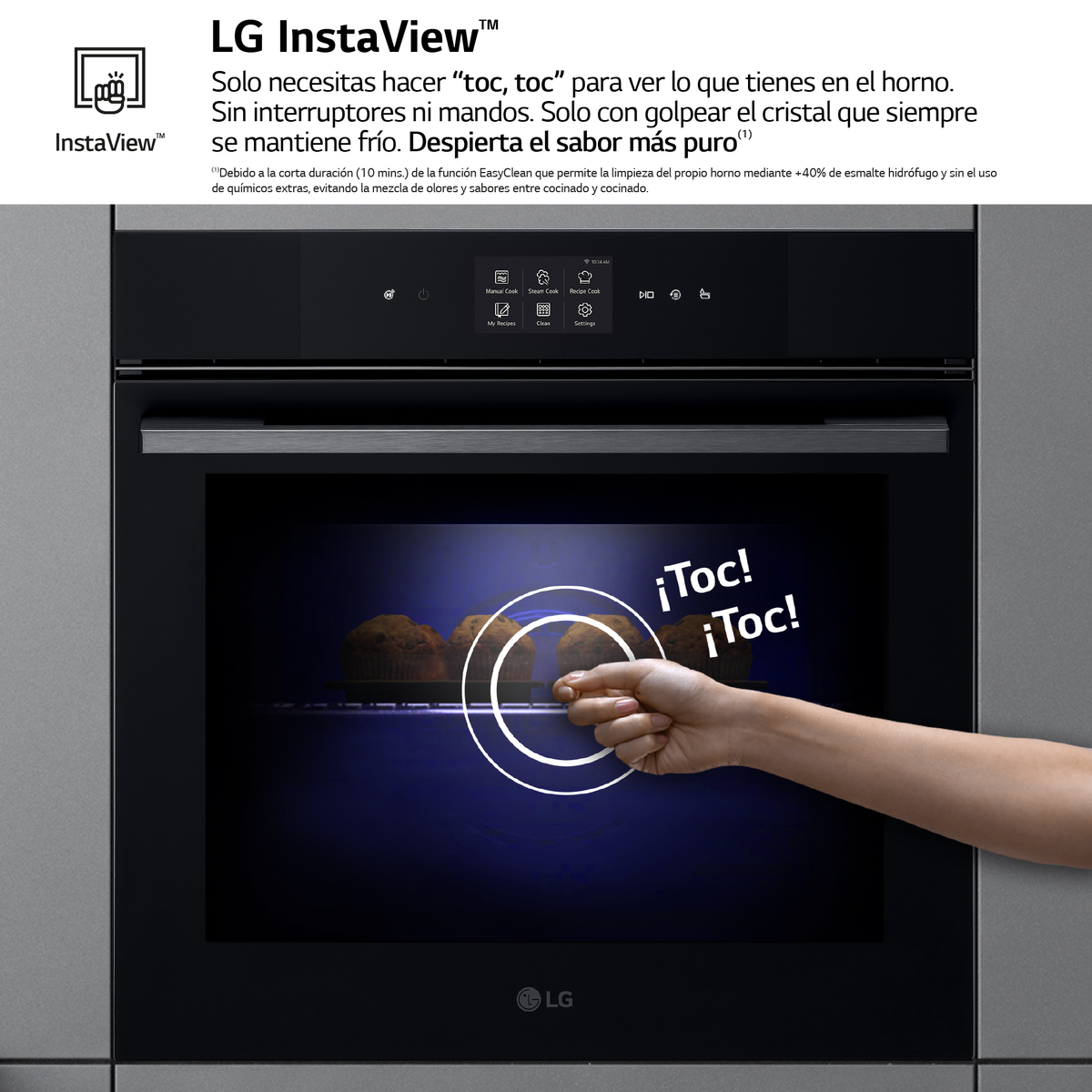 Horno negro con LG InstaView. Una mano golpea la puerta de cristal, mostrando magdalenas. Texto en español.
