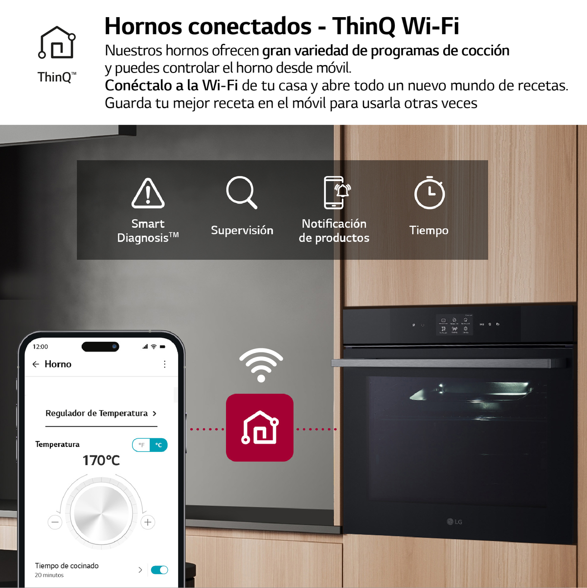 Escena de cocina con un smartphone y un horno. El teléfono muestra la configuración del horno. Gabinetes de madera.