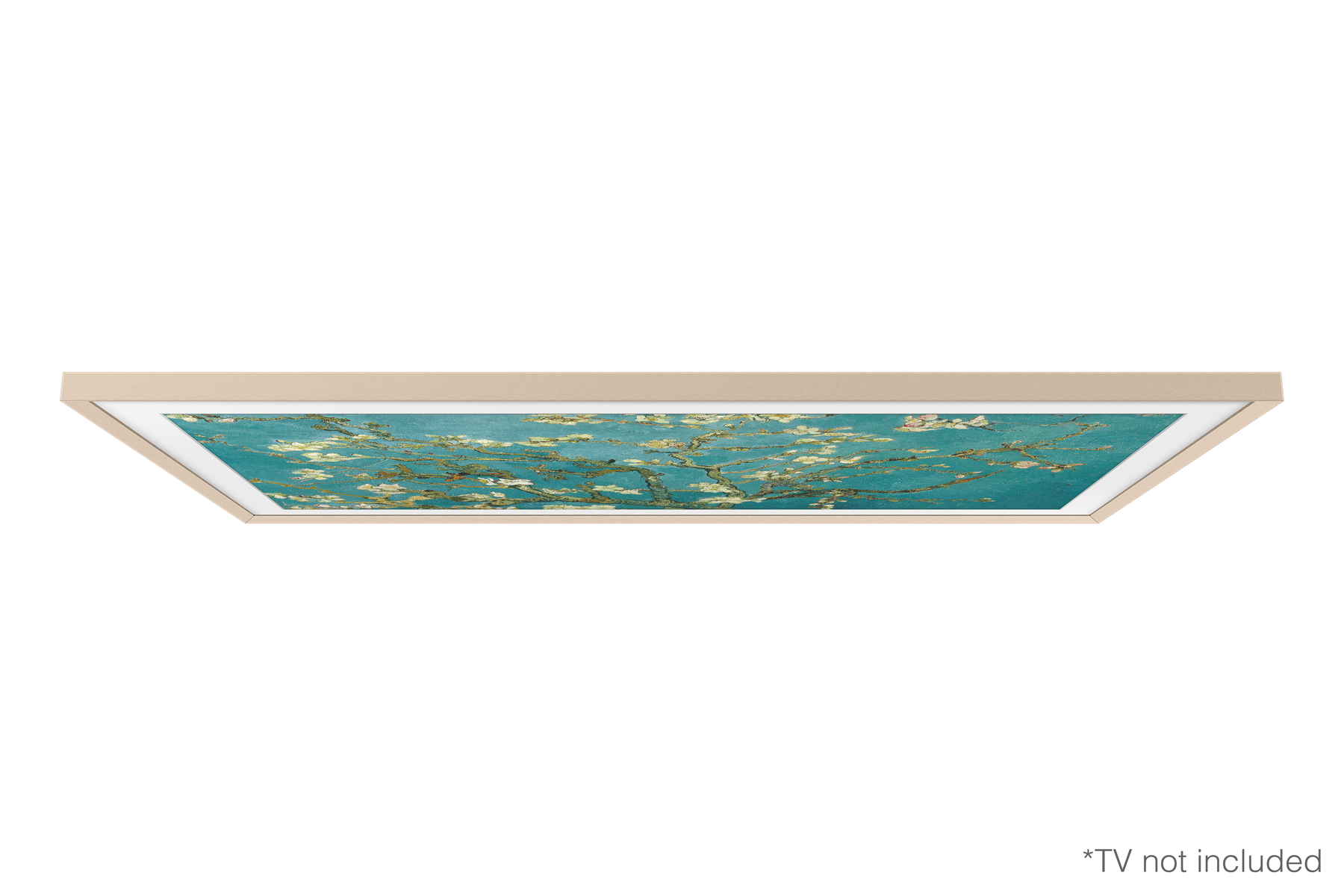 Telewizor z obrazem pola kwiatów na niebieskim tle. Beżowa ramka i białe tło.