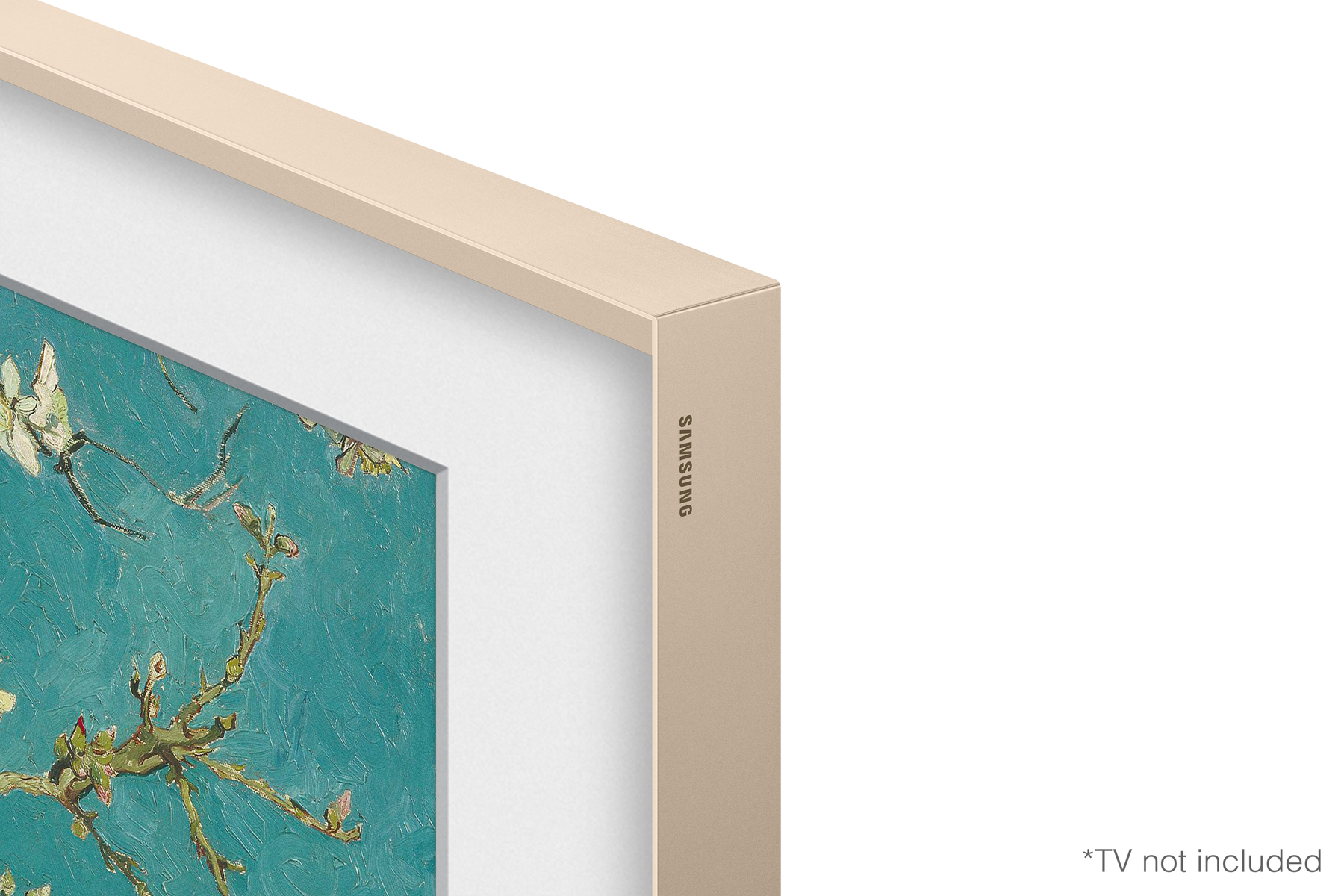 Zbliżenie beżowej ramy telewizora z napisem 'SAMSUNG', z widoczną grafiką w środku.
