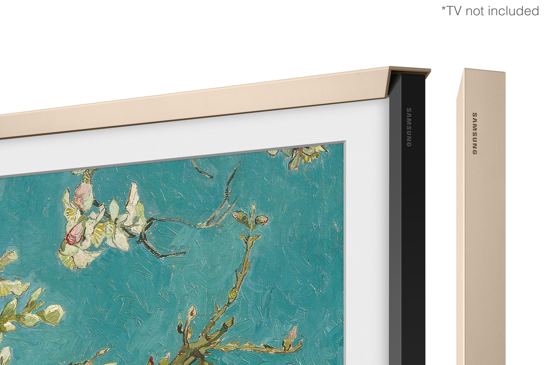 Rama telewizora Samsung z obrazem kwiatów na turkusowym tle.