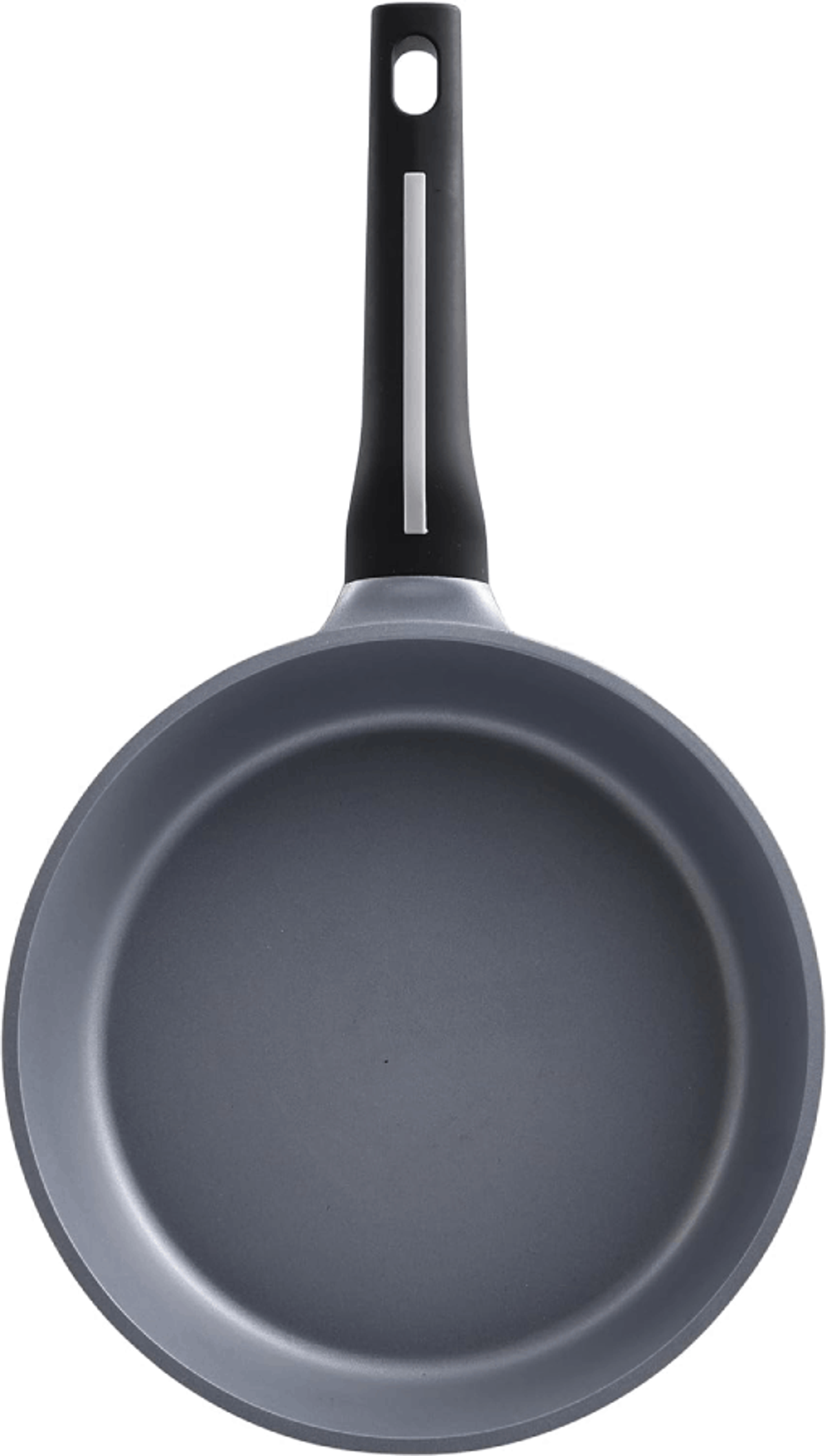 Sartén gris con mango negro, vista desde arriba.