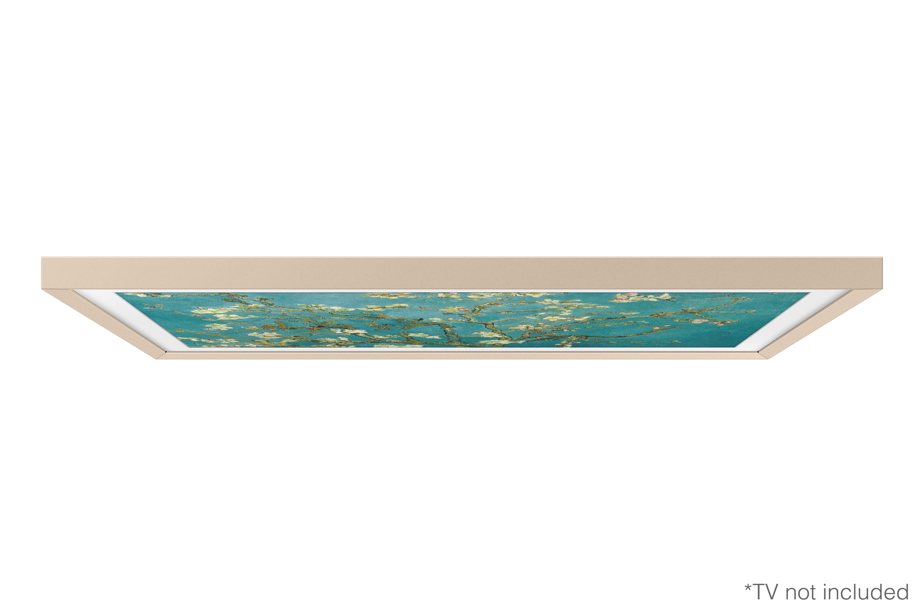 Ein TV-Rahmen mit einem Gemälde von Van Gogh. Der Rahmen ist beige und der Hintergrund weiß.