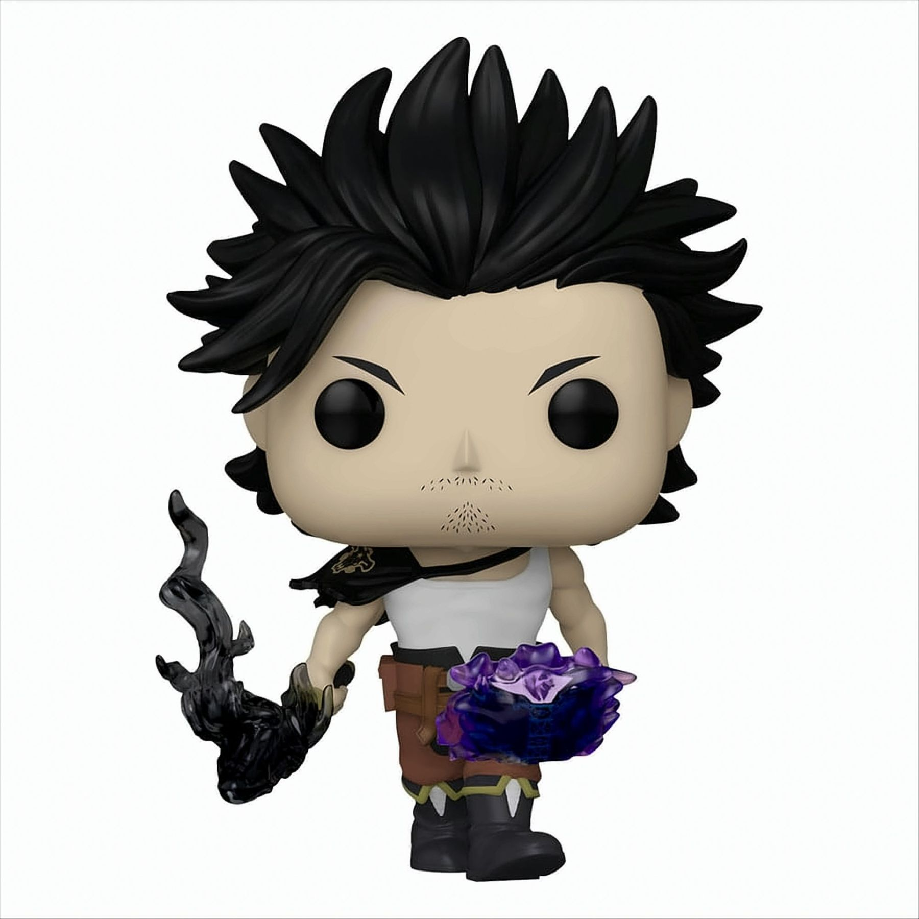 Une figurine Funko Pop d'un personnage d'anime aux cheveux noirs tenant un objet sombre et des fleurs violettes.