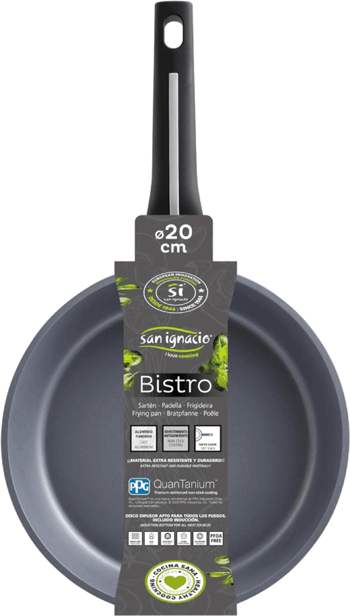 Sartén con mango negro, interior gris y etiqueta de producto con detalles.