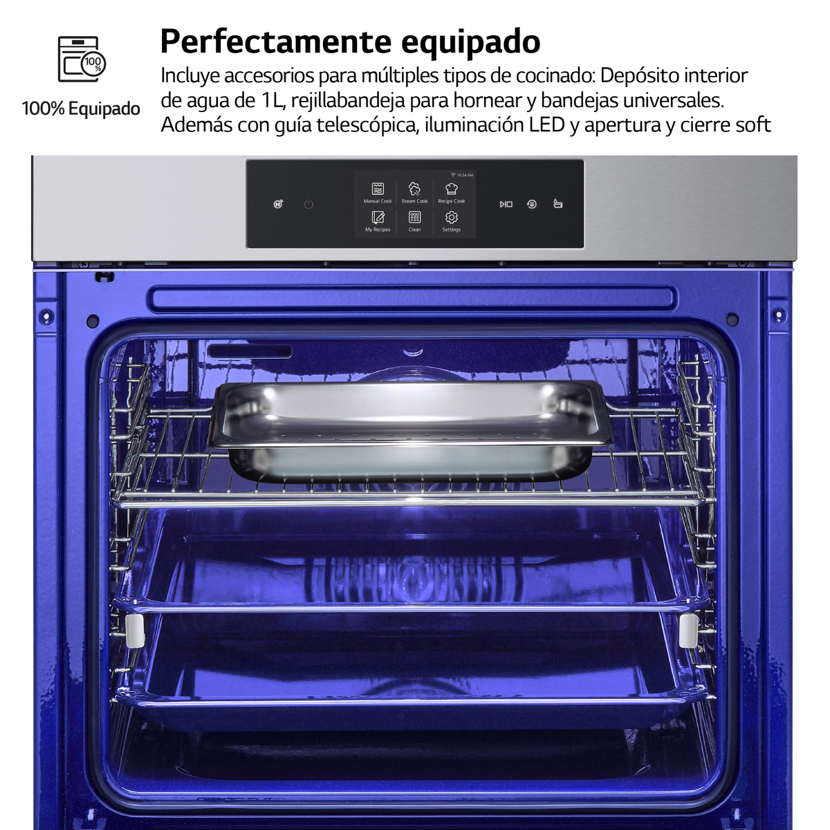 Interior del horno con bandejas y rejillas. La puerta está abierta y el interior es azul.