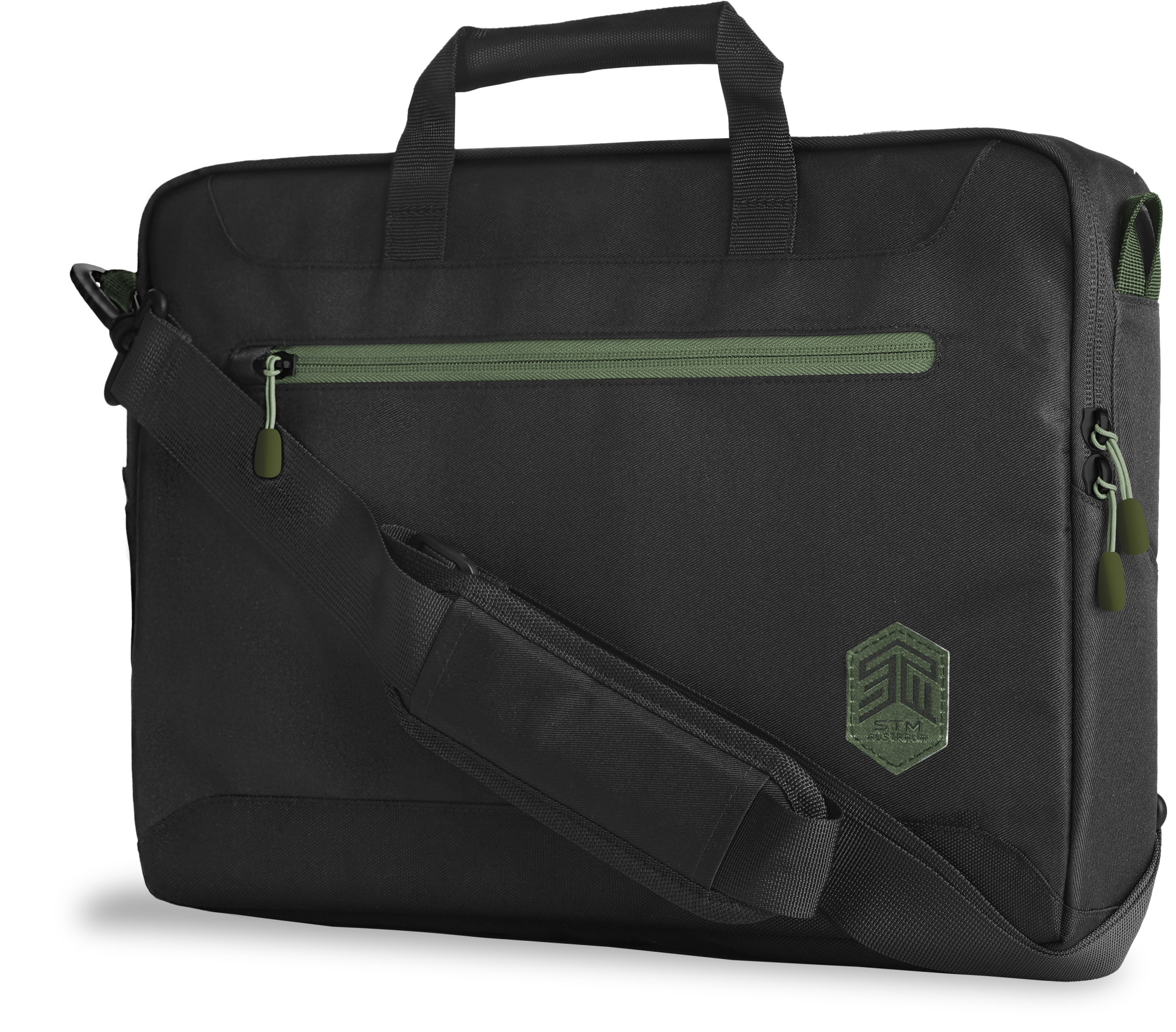 Schwarze Laptoptasche mit grünem Reißverschluss und Logo, auf weißem Hintergrund.