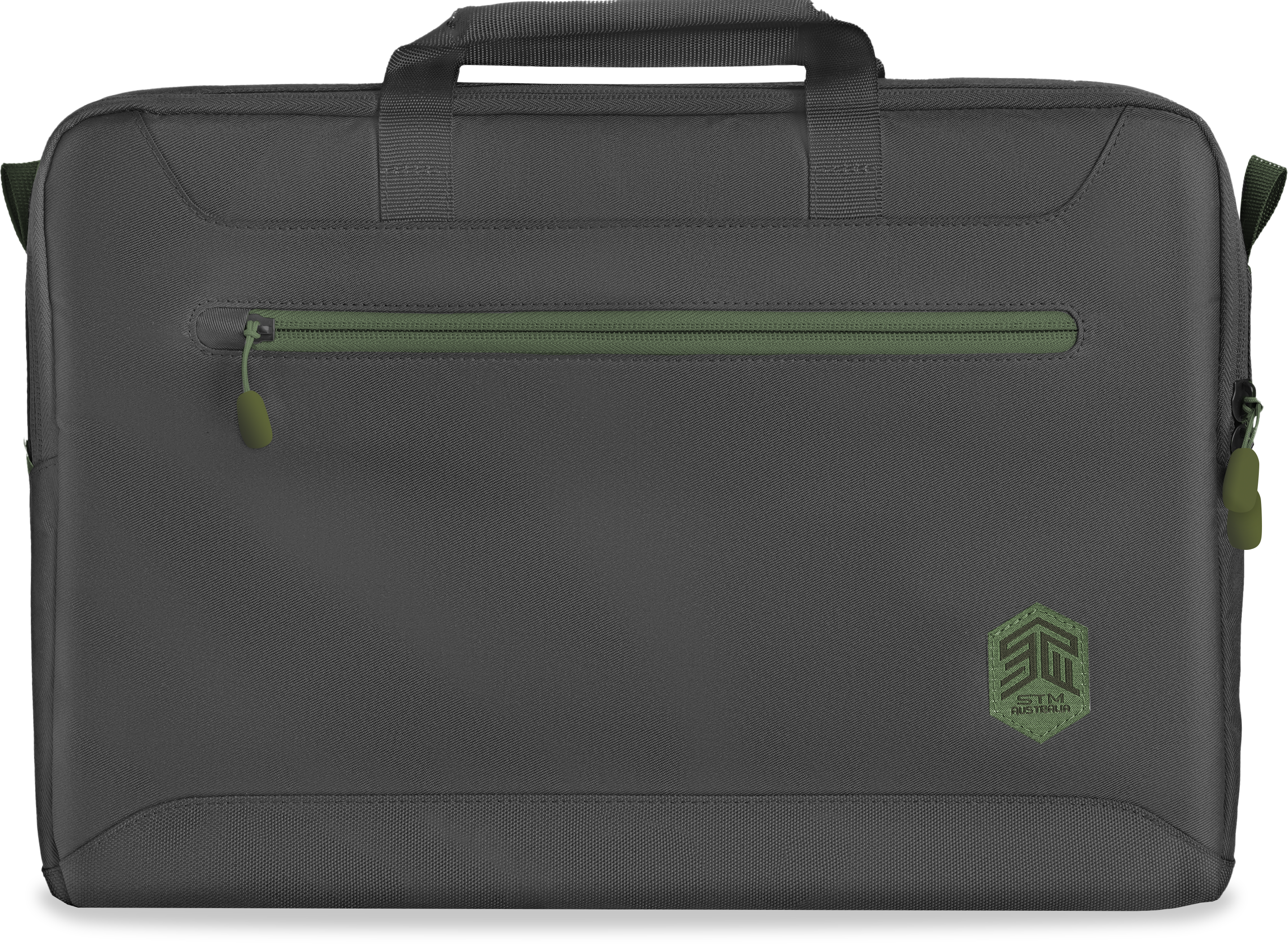 Graue Laptoptasche mit grünem Reißverschluss und Logo in der unteren rechten Ecke.