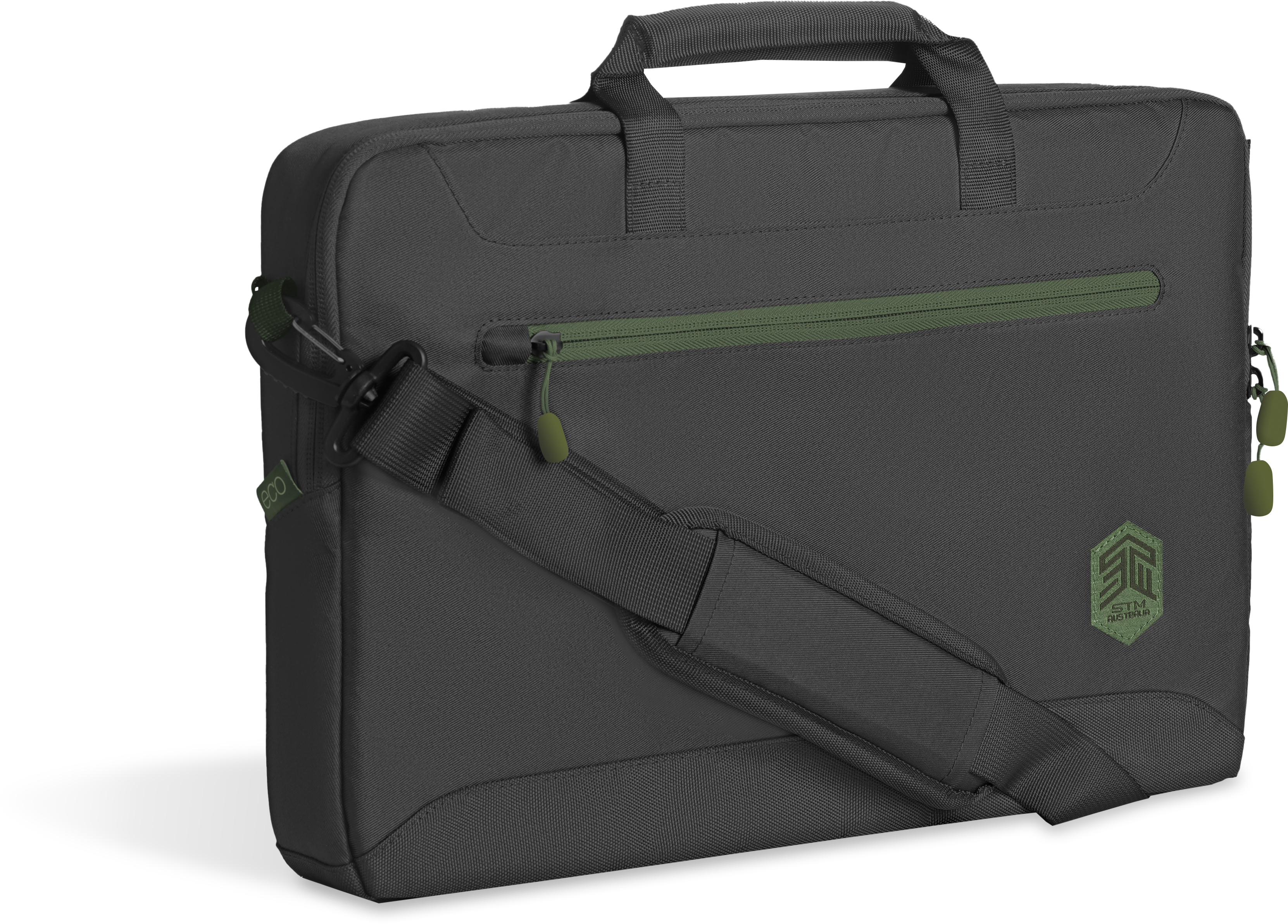 Eine graue Laptoptasche mit grünen Reißverschlüssen und einem Schultergurt ist auf Schwarz isoliert.