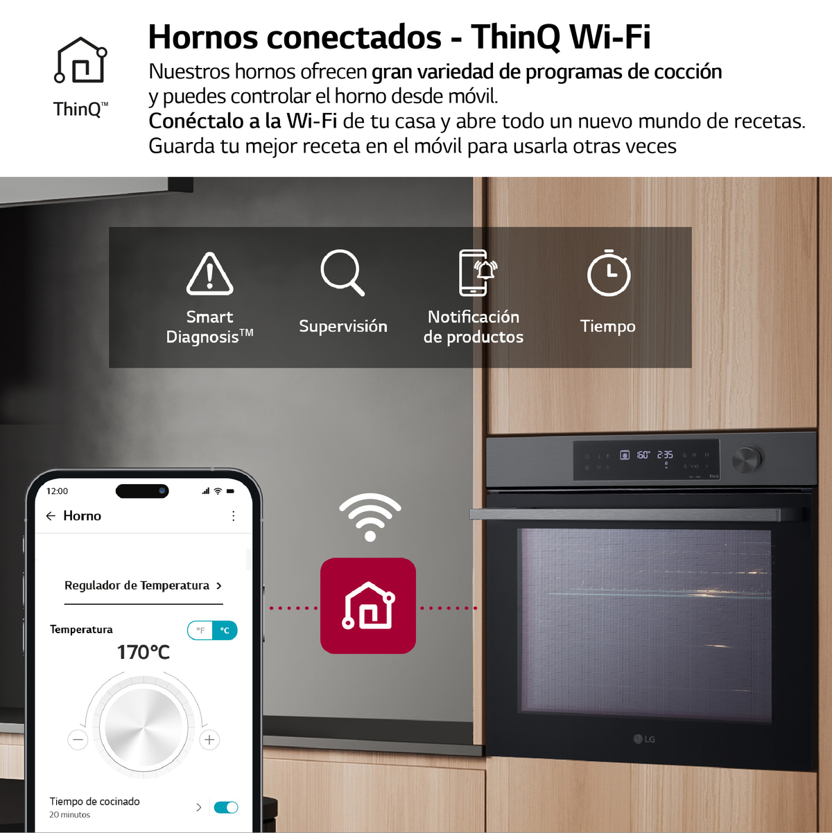 Forno intelligente LG con telefono che mostra i comandi e testo informativo sopra.