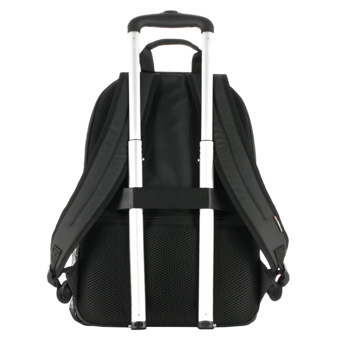 Mochila negra con asa plateada. Vista desde atrás.